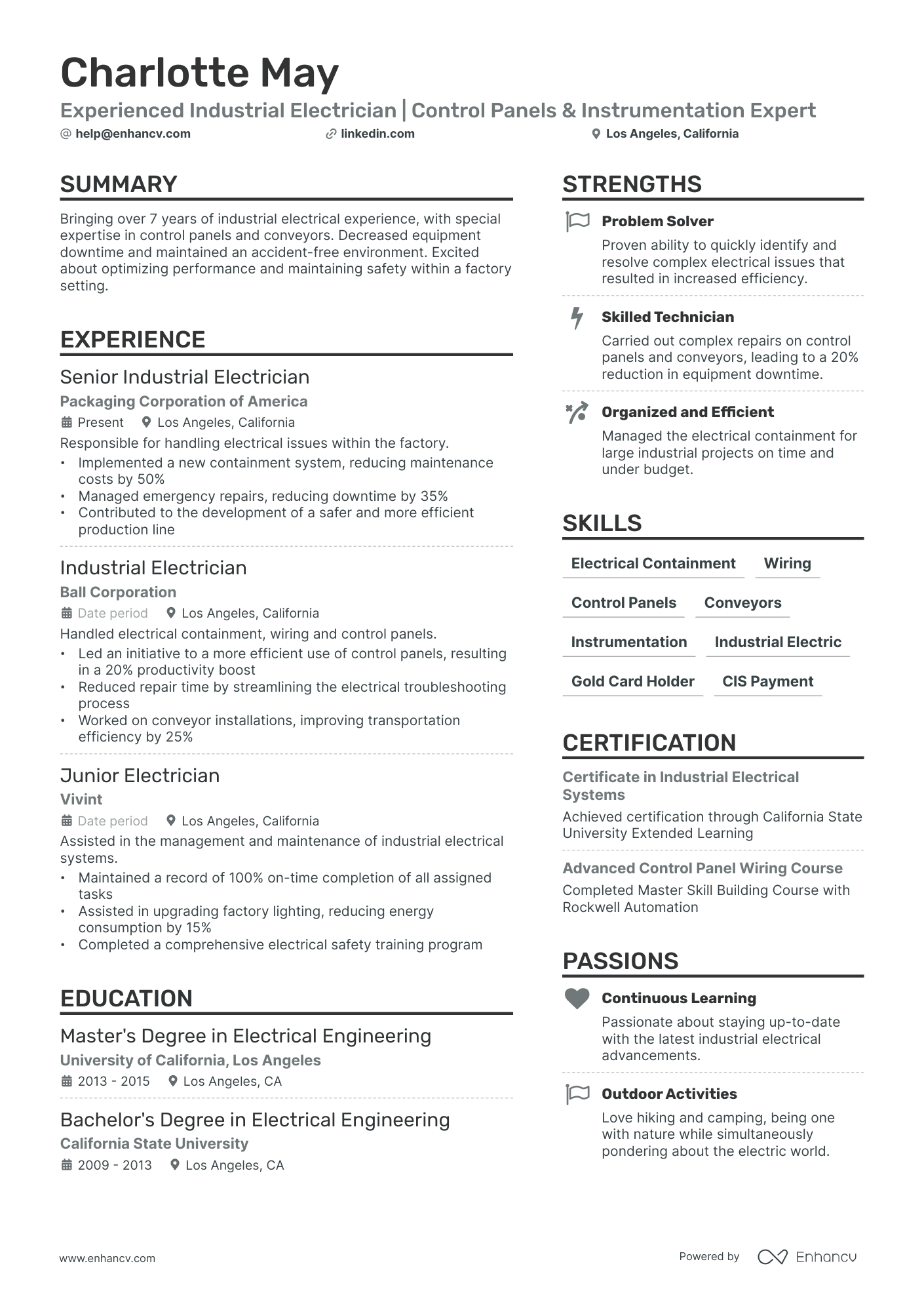 Industrial Electrician Resume Example