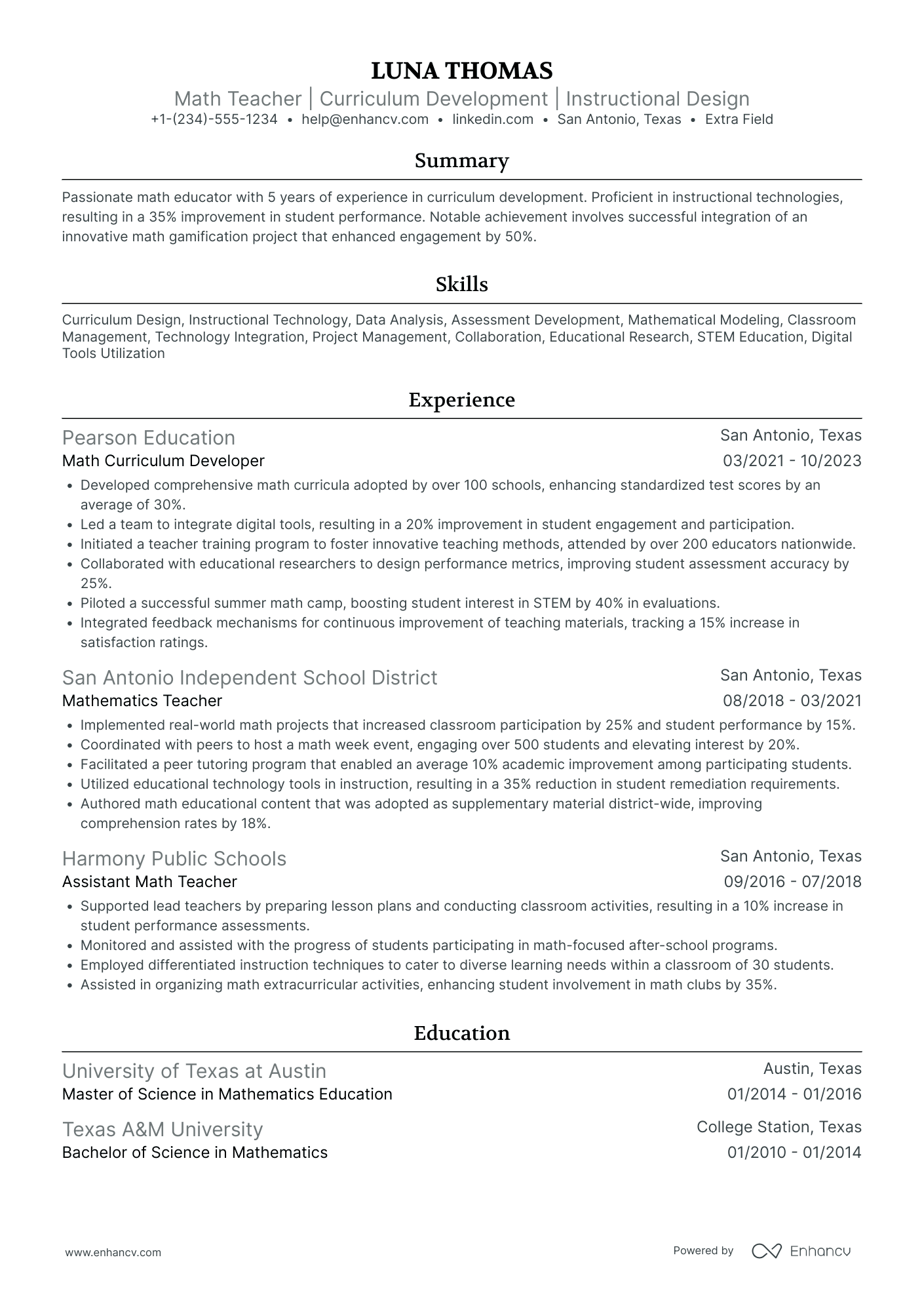 Math Teacher Intern Resume Example