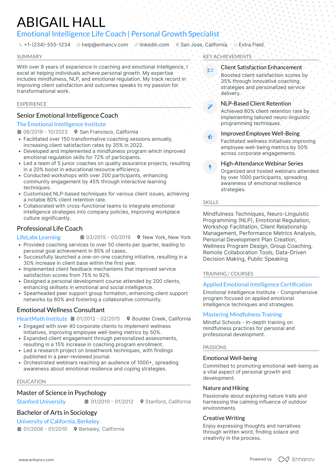 Emotional Intelligence Life Coach Resume Example