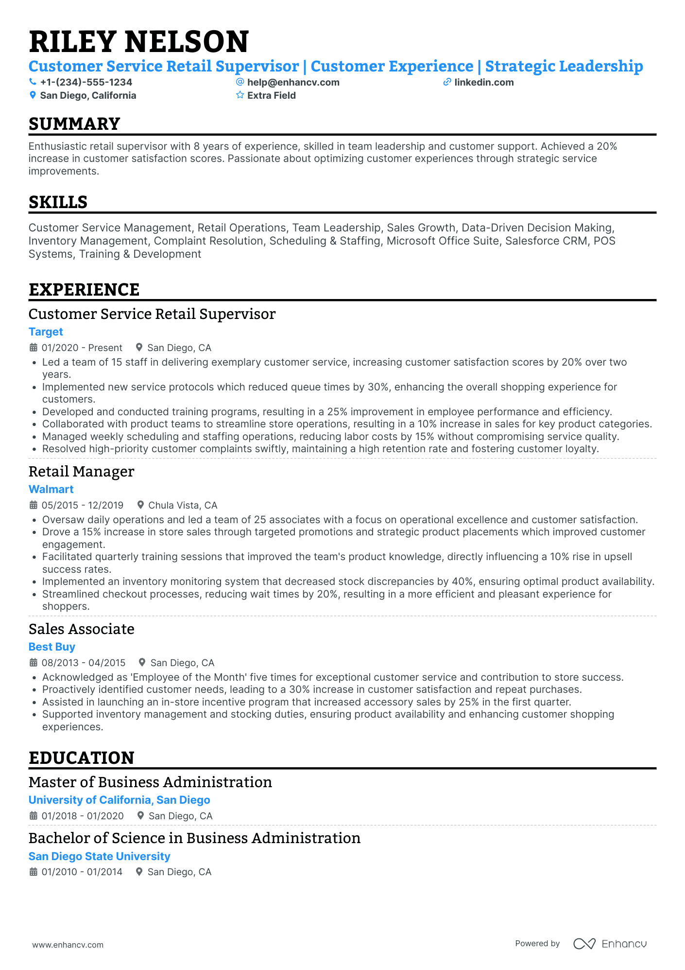 Customer Service Retail Supervisor Resume Example