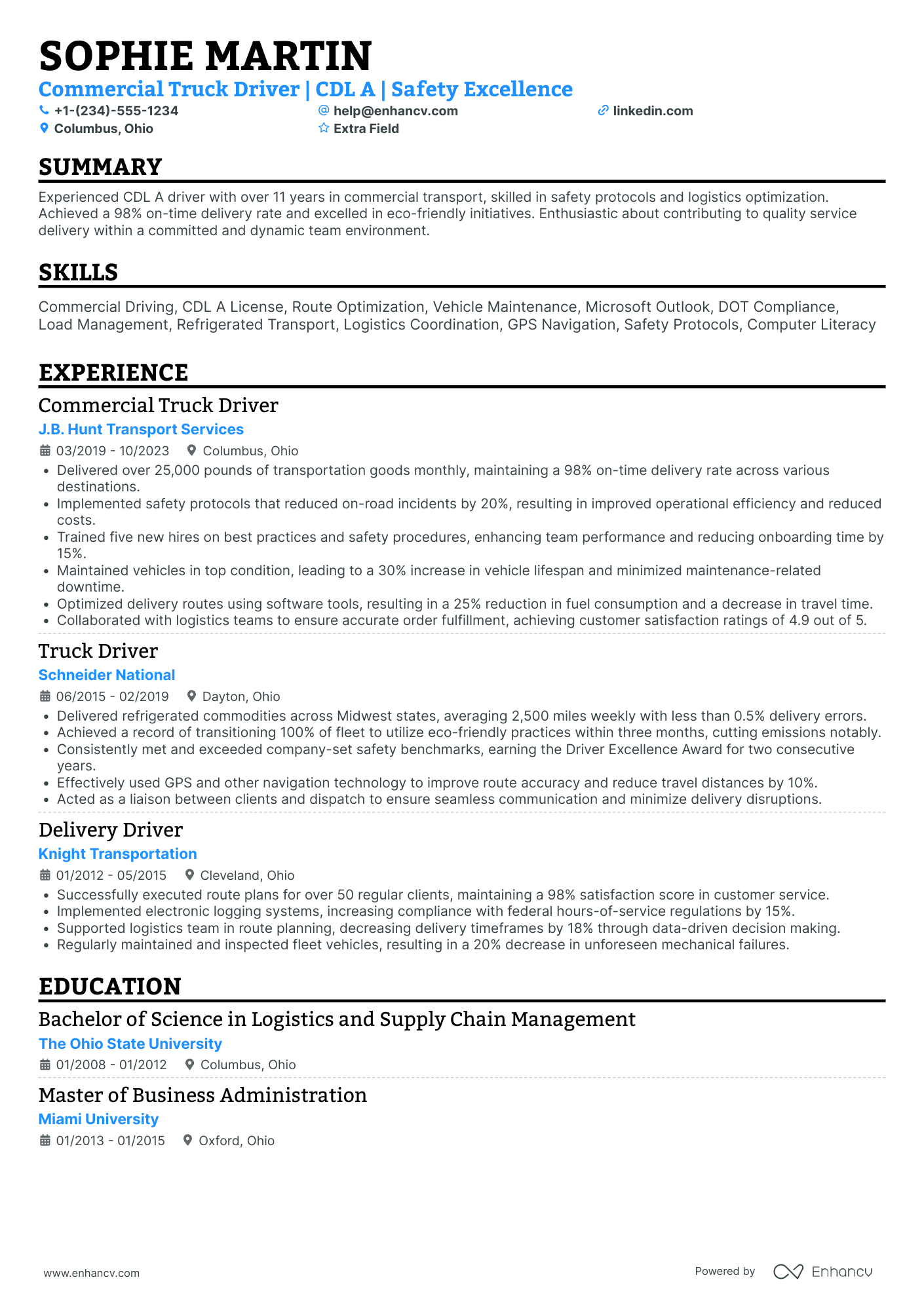 Commercial Truck Driver Resume Example