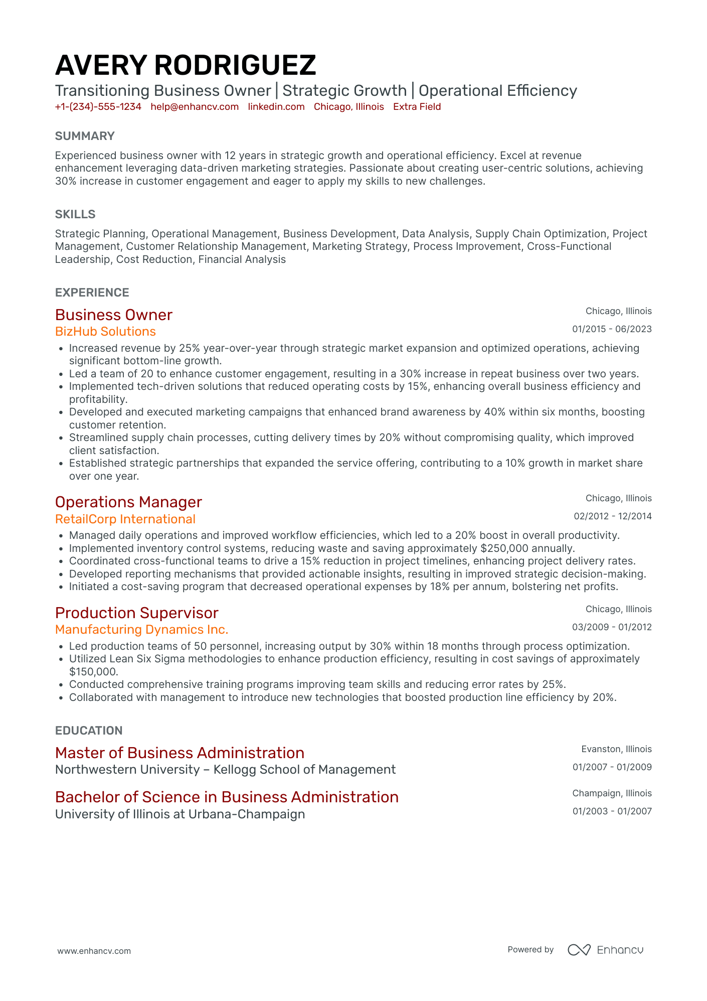 Transitioning Business Owner Resume Example