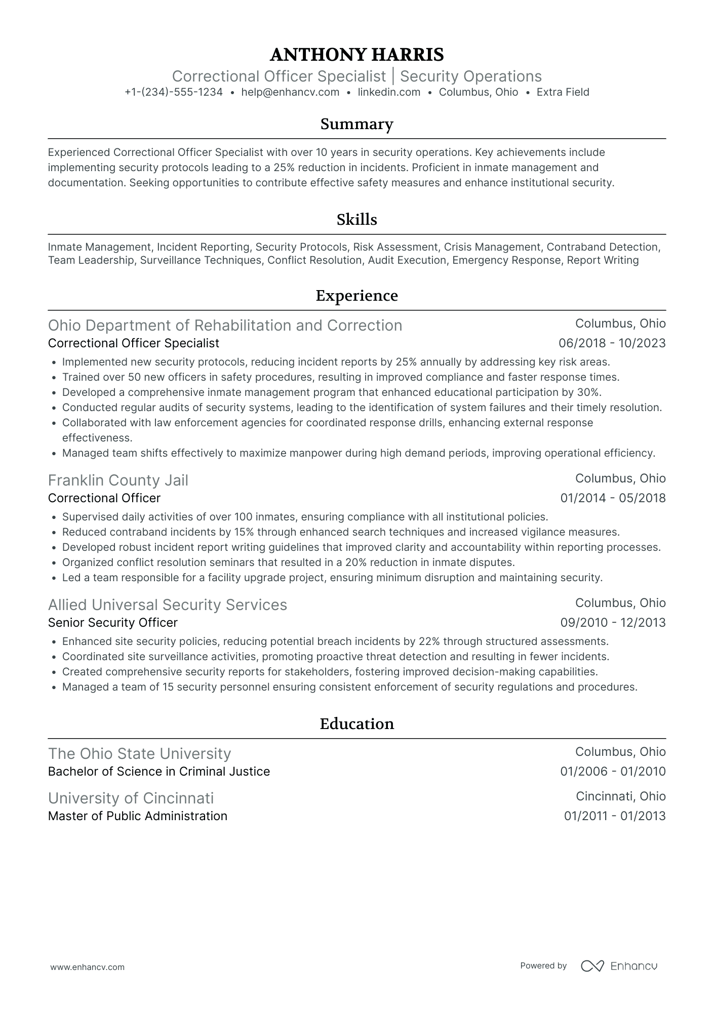 Correctional Officer Specialist Resume Example