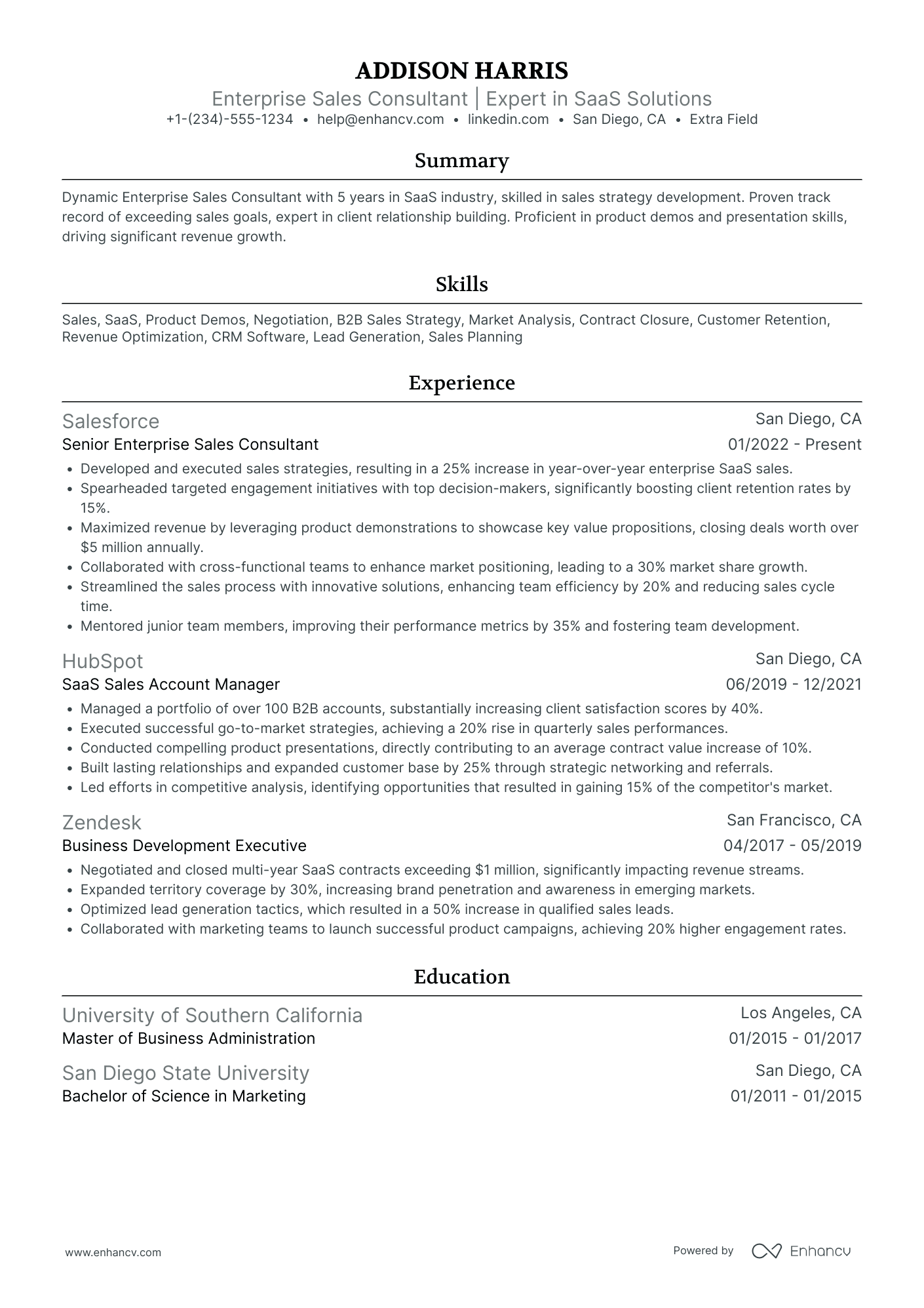 Enterprise Sales Consultant Resume Example