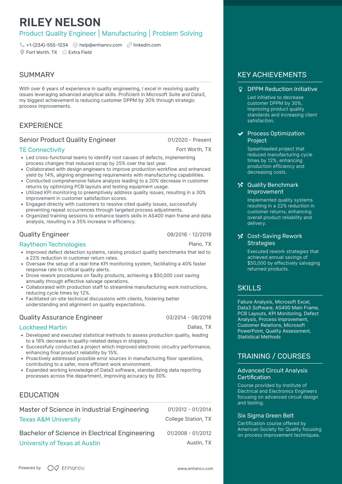 Product Quality Engineer Resume Example