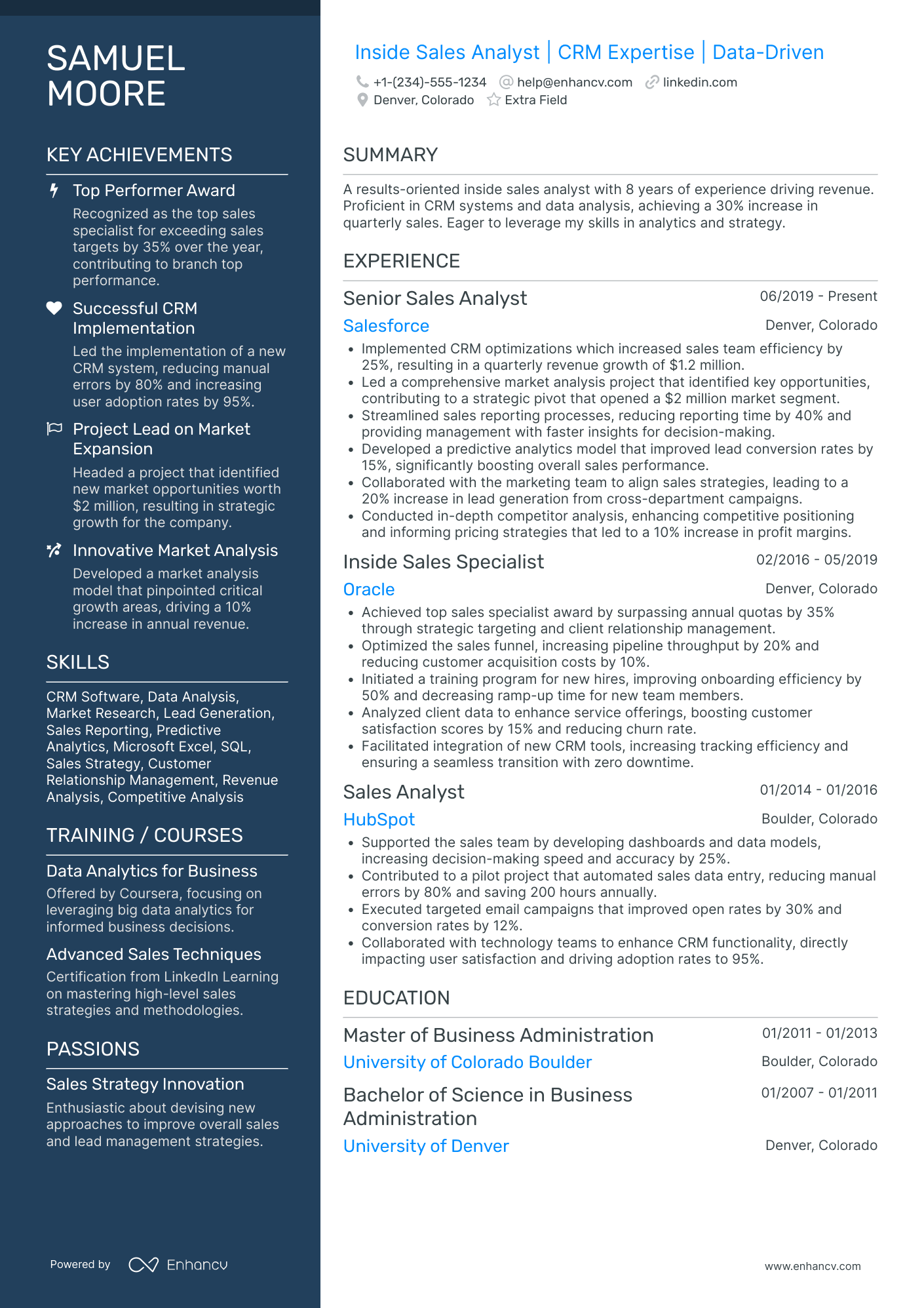 Inside Sales Analyst Resume Example