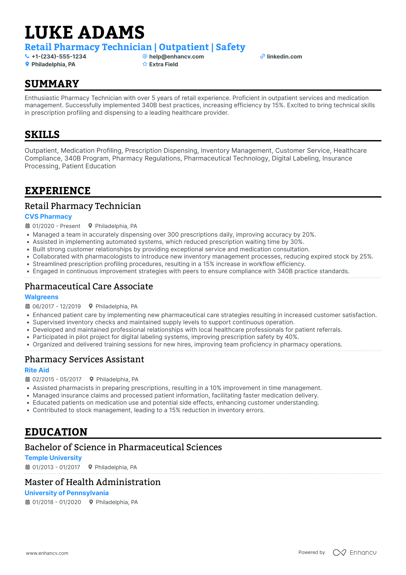 Retail Pharmacy Technician Resume Example