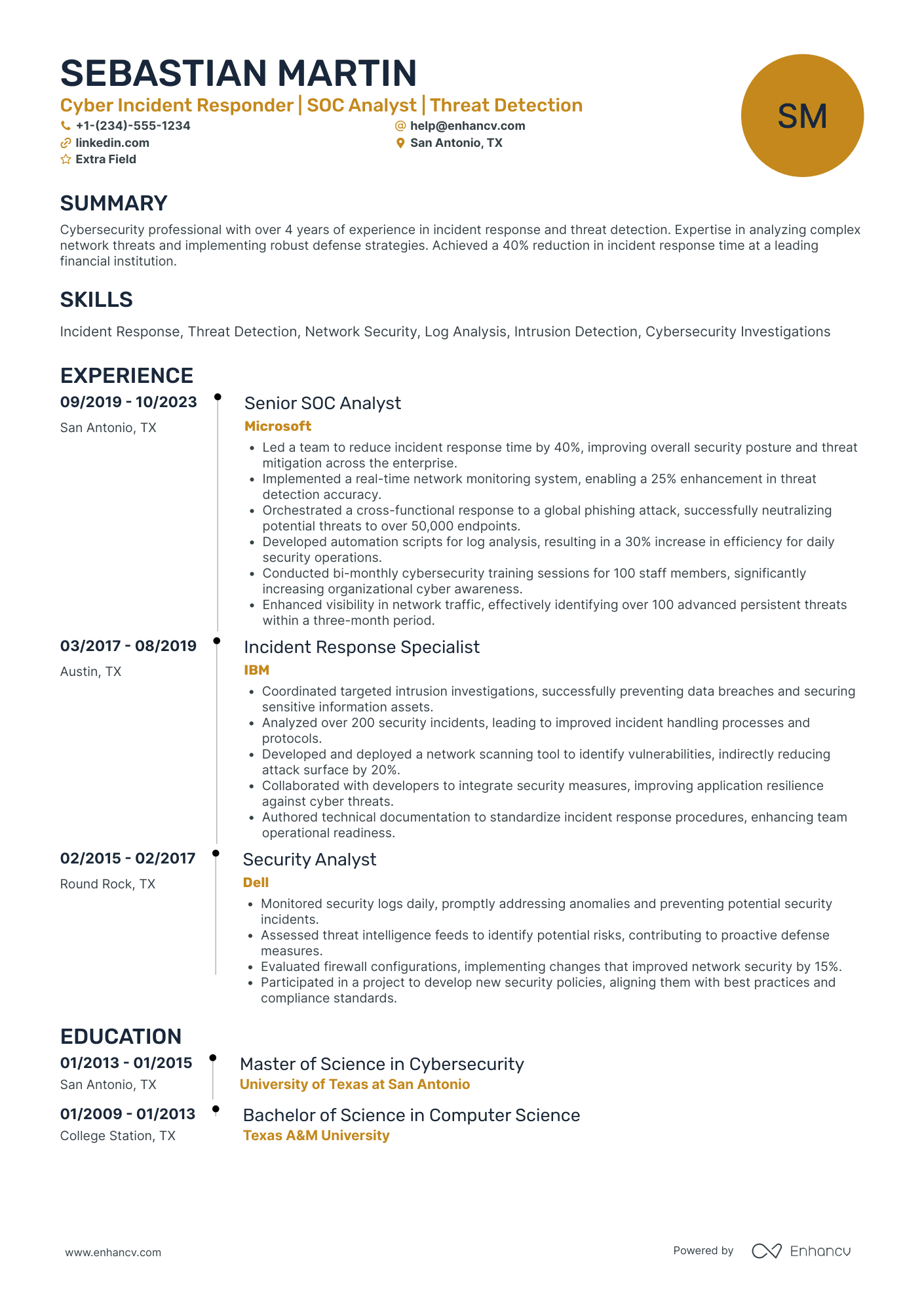 Cyber Security Incident Response Analyst Resume Example