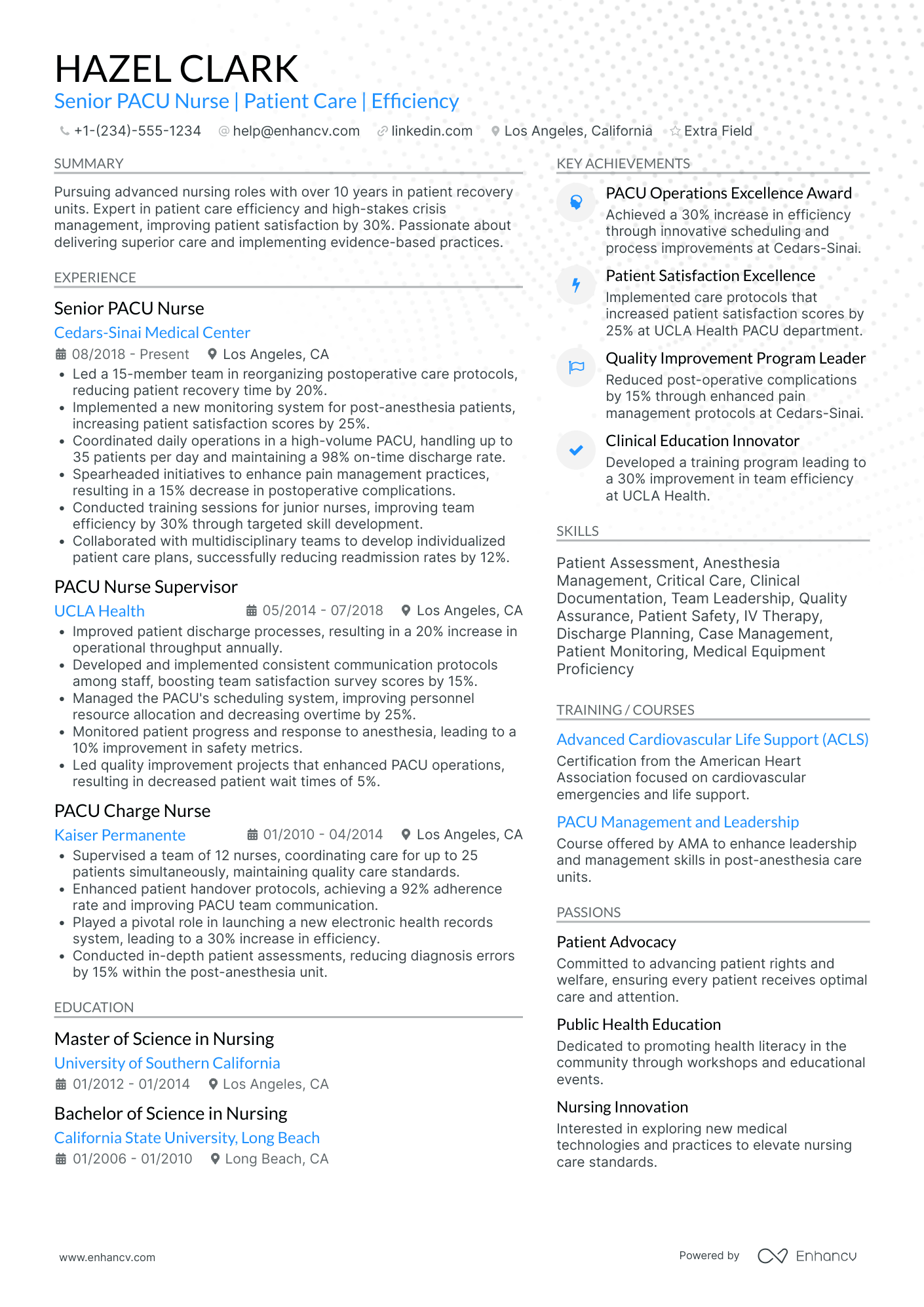 Senior PACU Nurse Resume Example