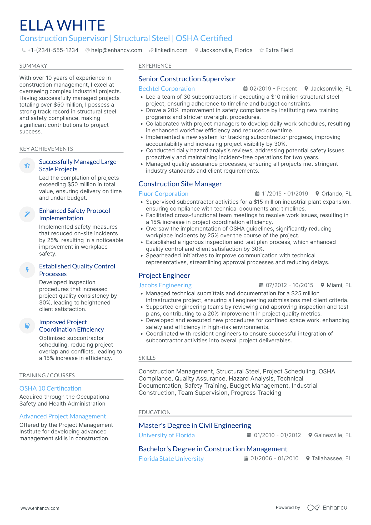 Construction Supervisor Resume Example