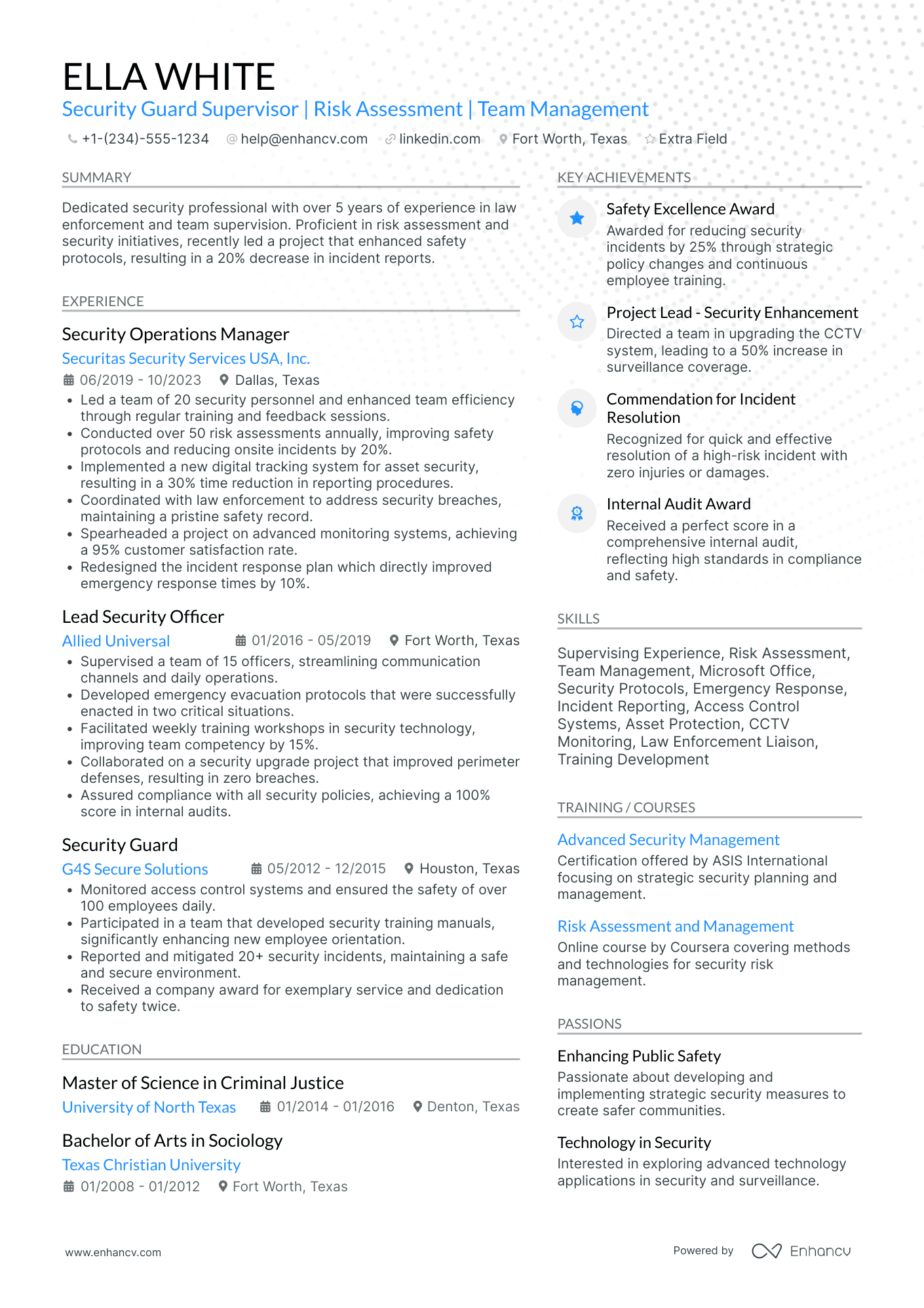 Security Guard Supervisor Resume Example