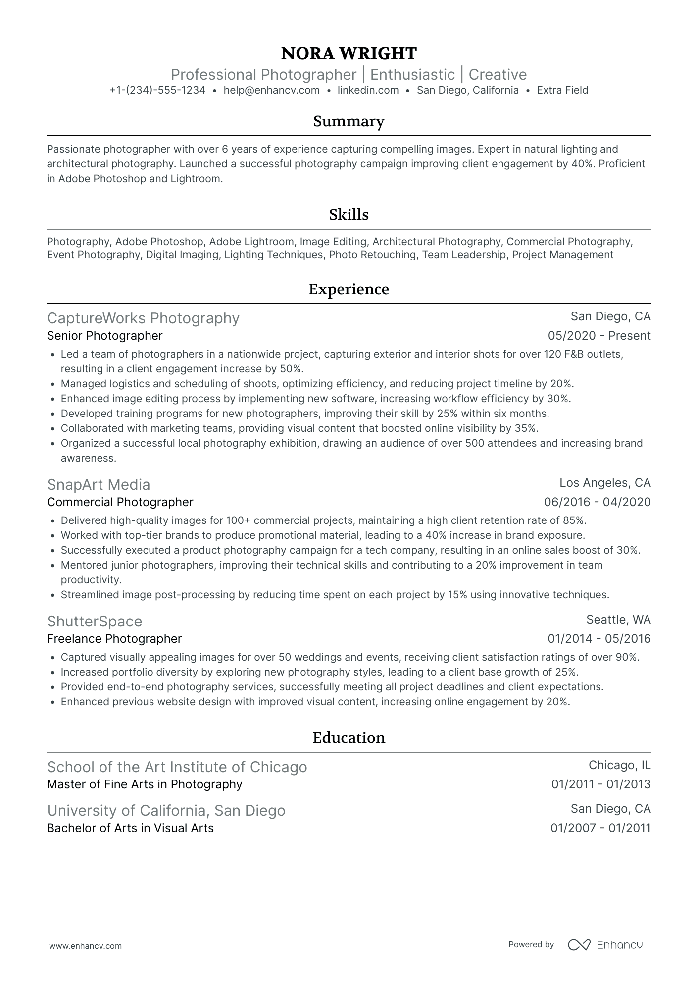 Freelance Editorial Photographer Resume Example