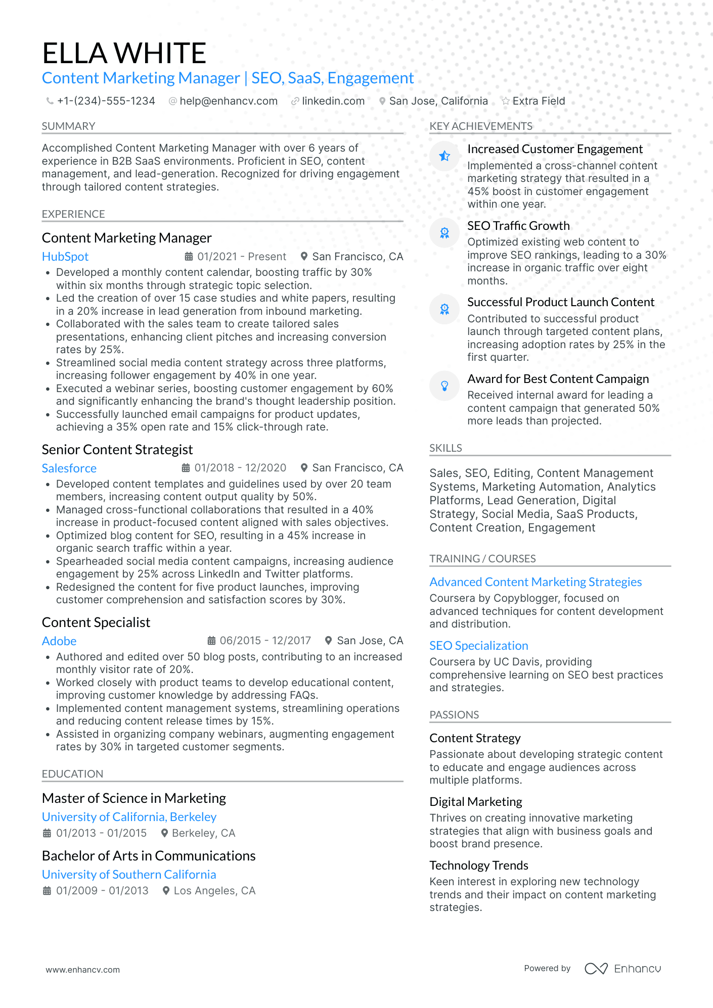 Content Marketing Manager Resume Example