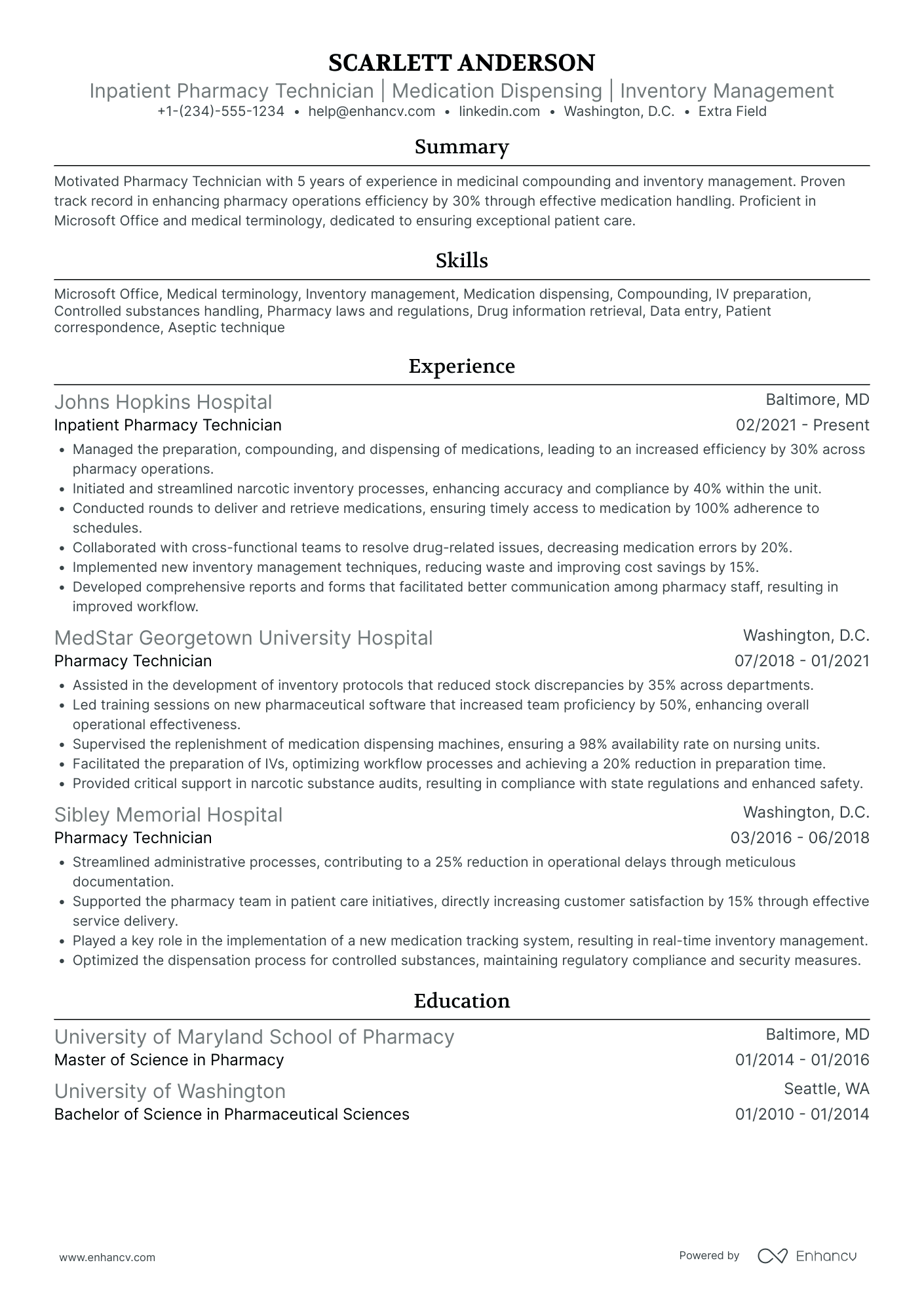 Inpatient Pharmacy Technician Resume Example