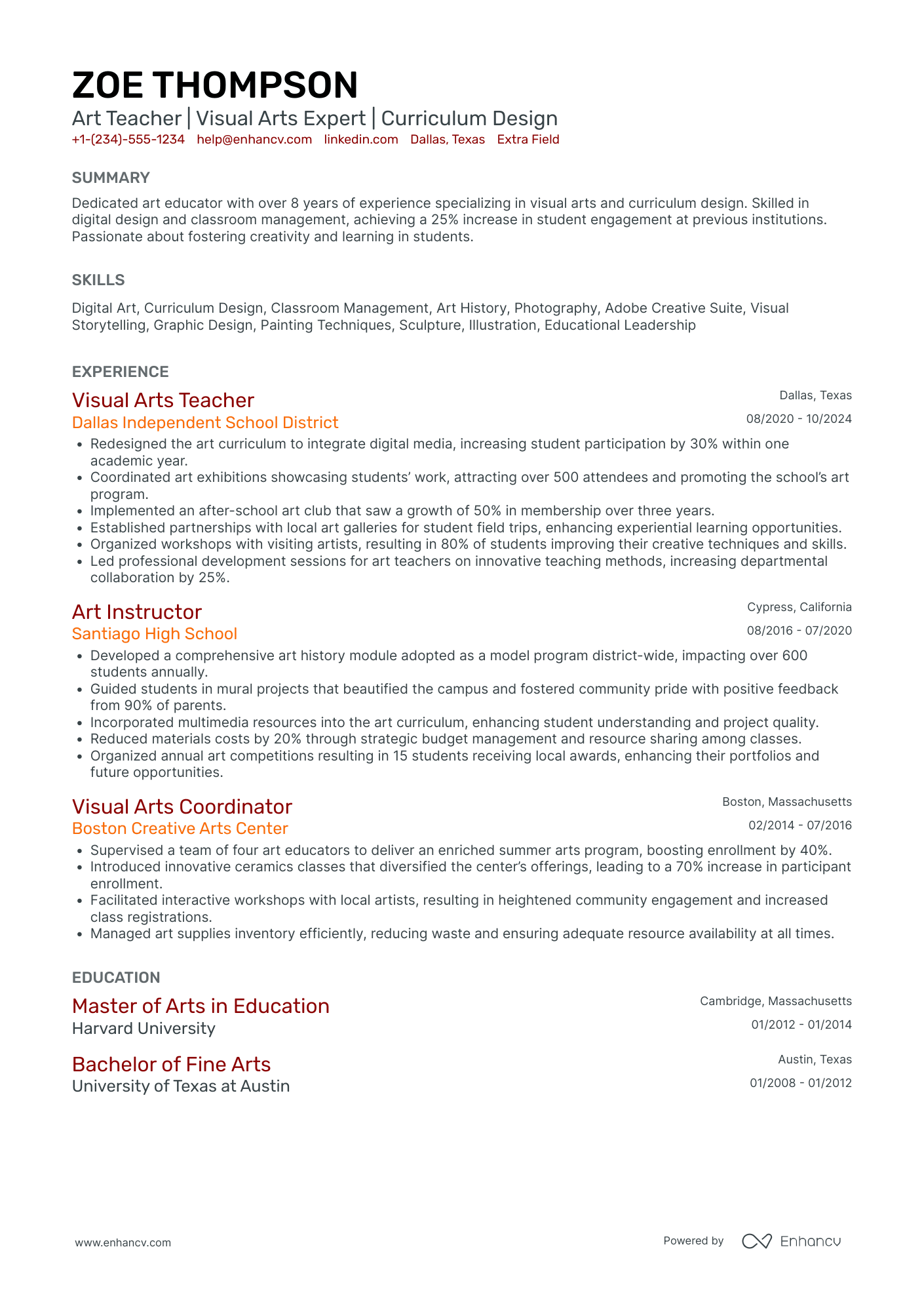 Substitute Art Teacher Resume Example