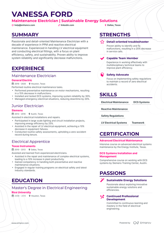 Maintenance Electrician Resume Example