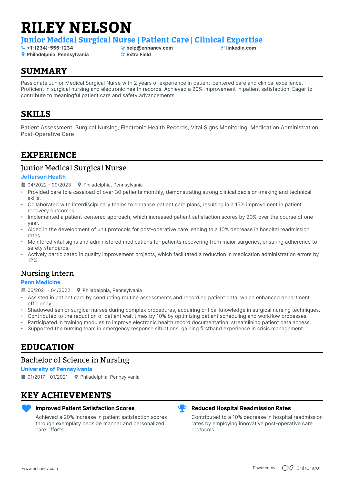 Junior Medical Surgical Nurse Resume Example