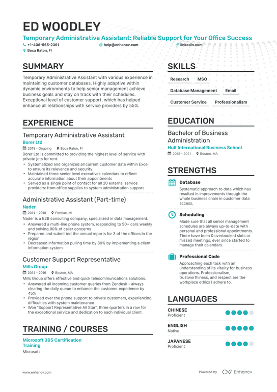 Temporary Administrative Assistant Resume Example