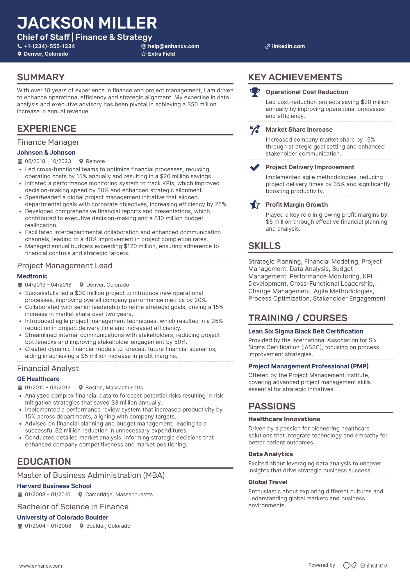 Chief of Staff to the CFO Resume Example