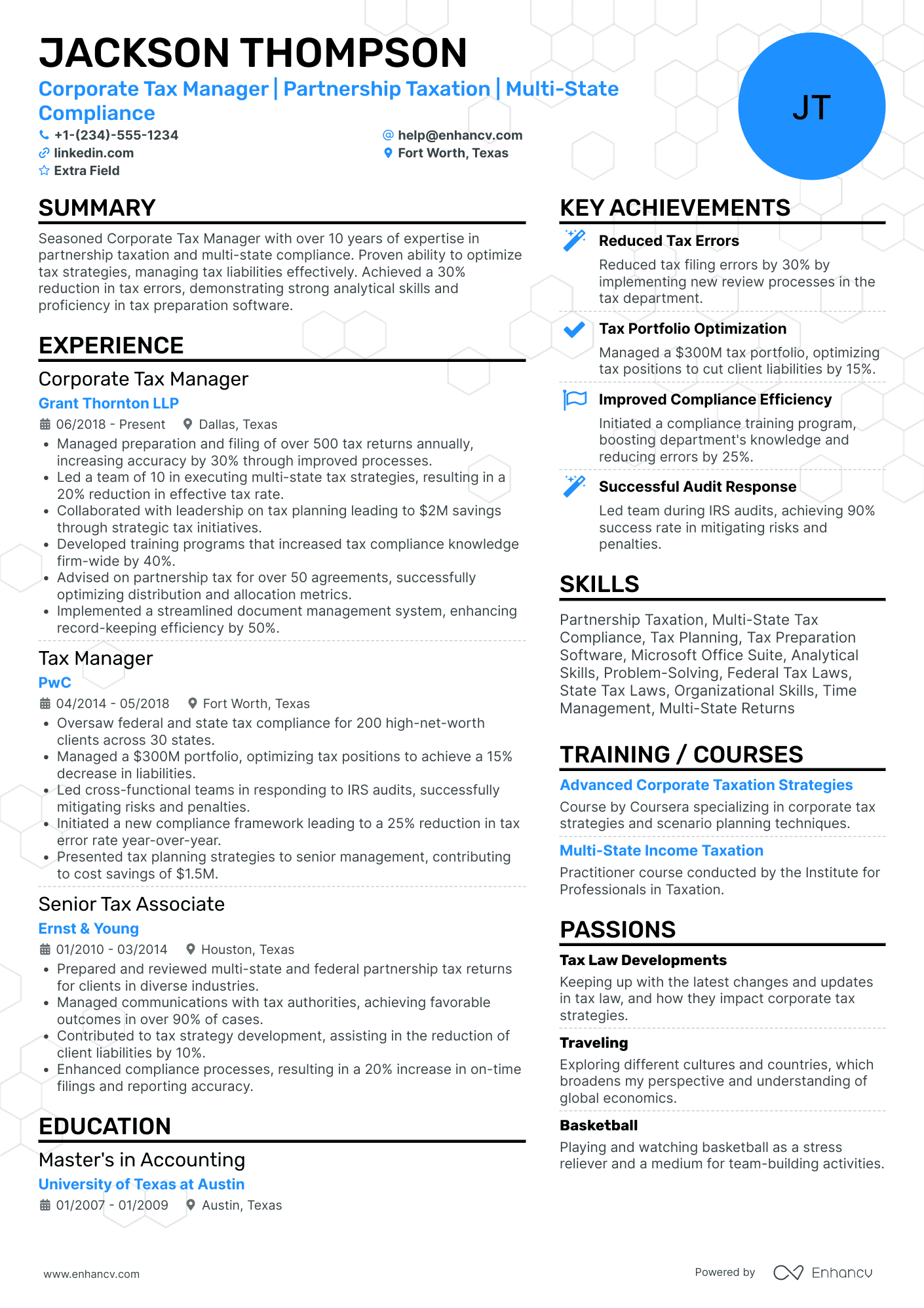 Corporate Tax Manager Resume Example