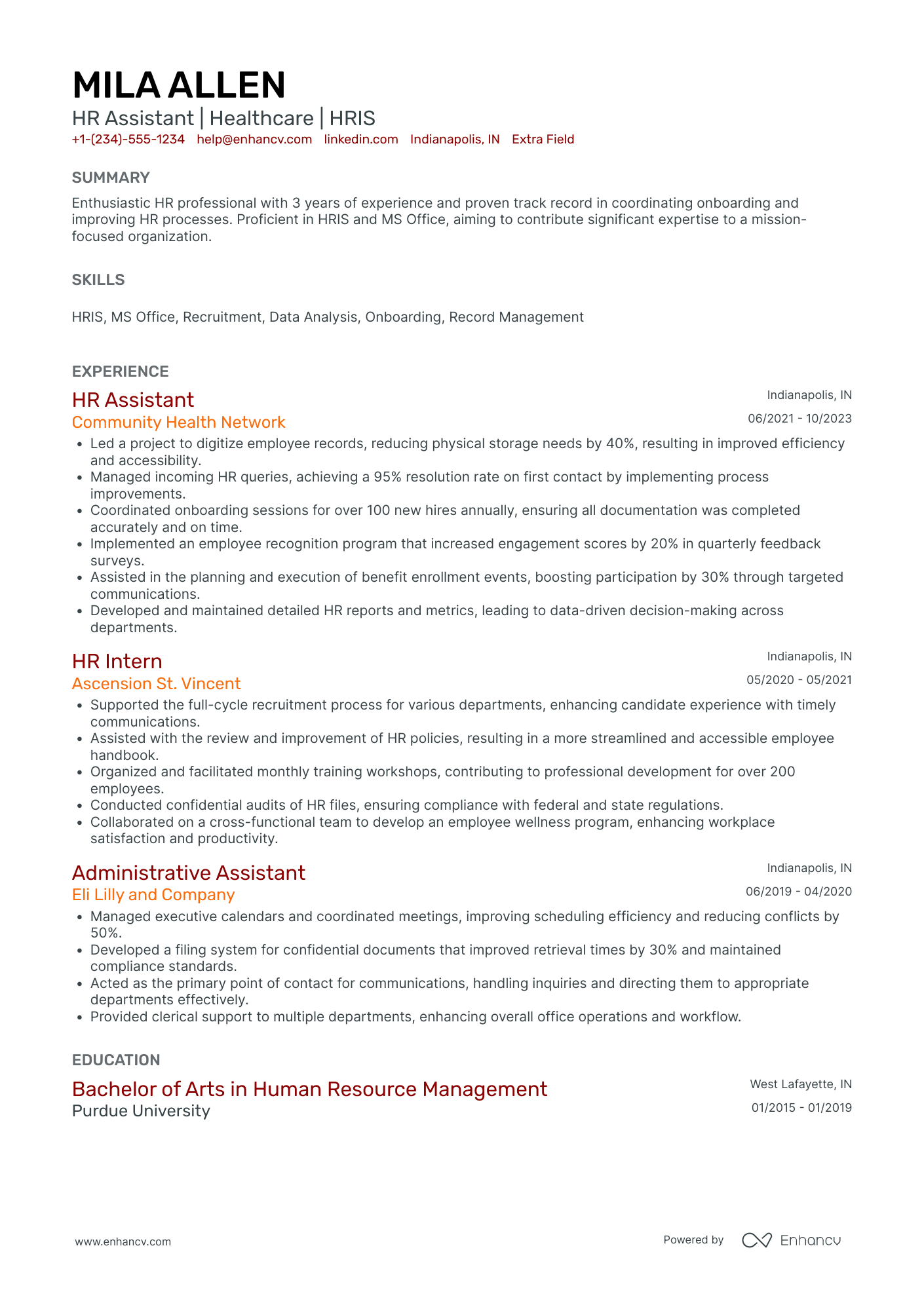 HR Assistant Supervisor Resume Example