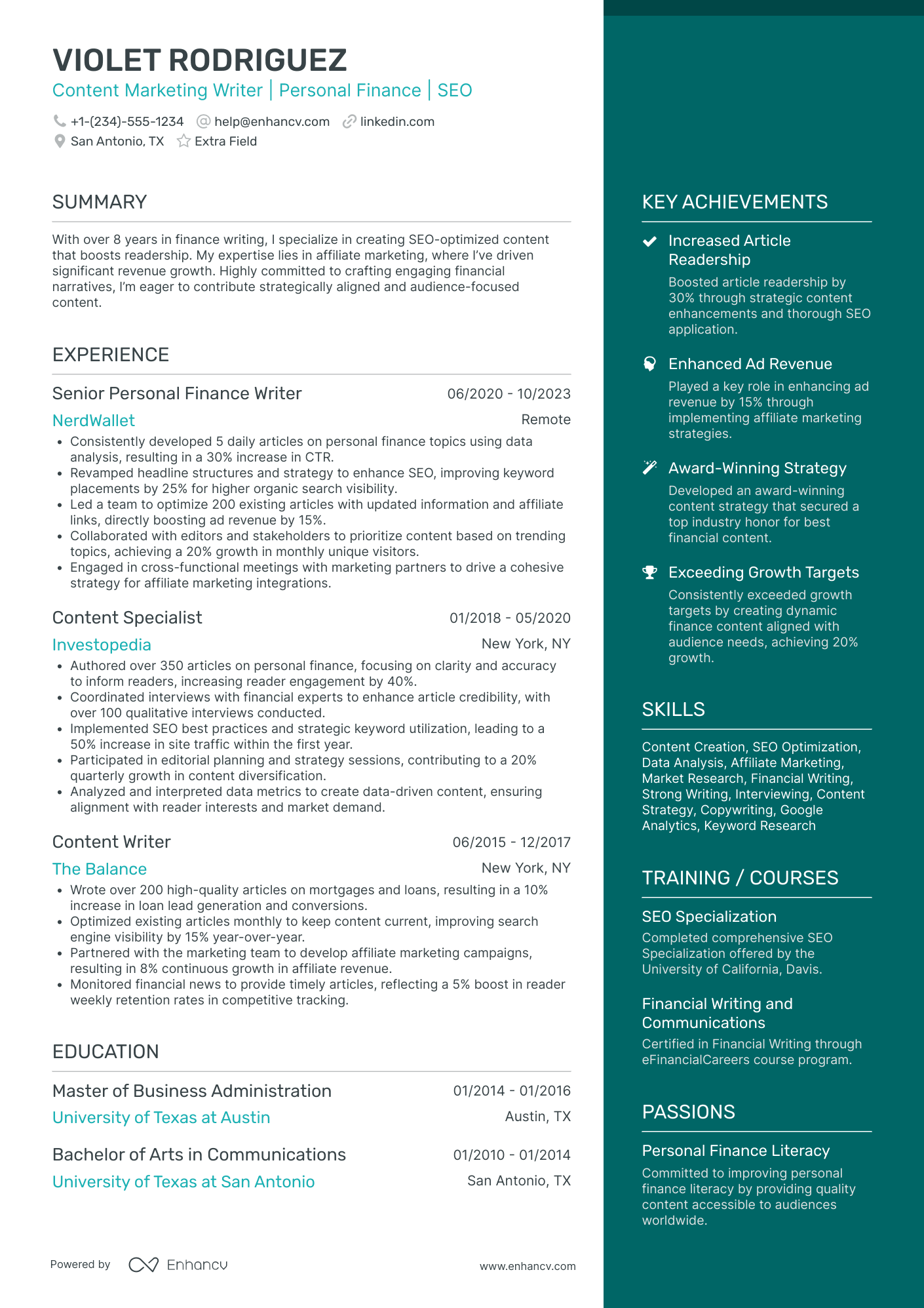 Content Marketing Writer Resume Example