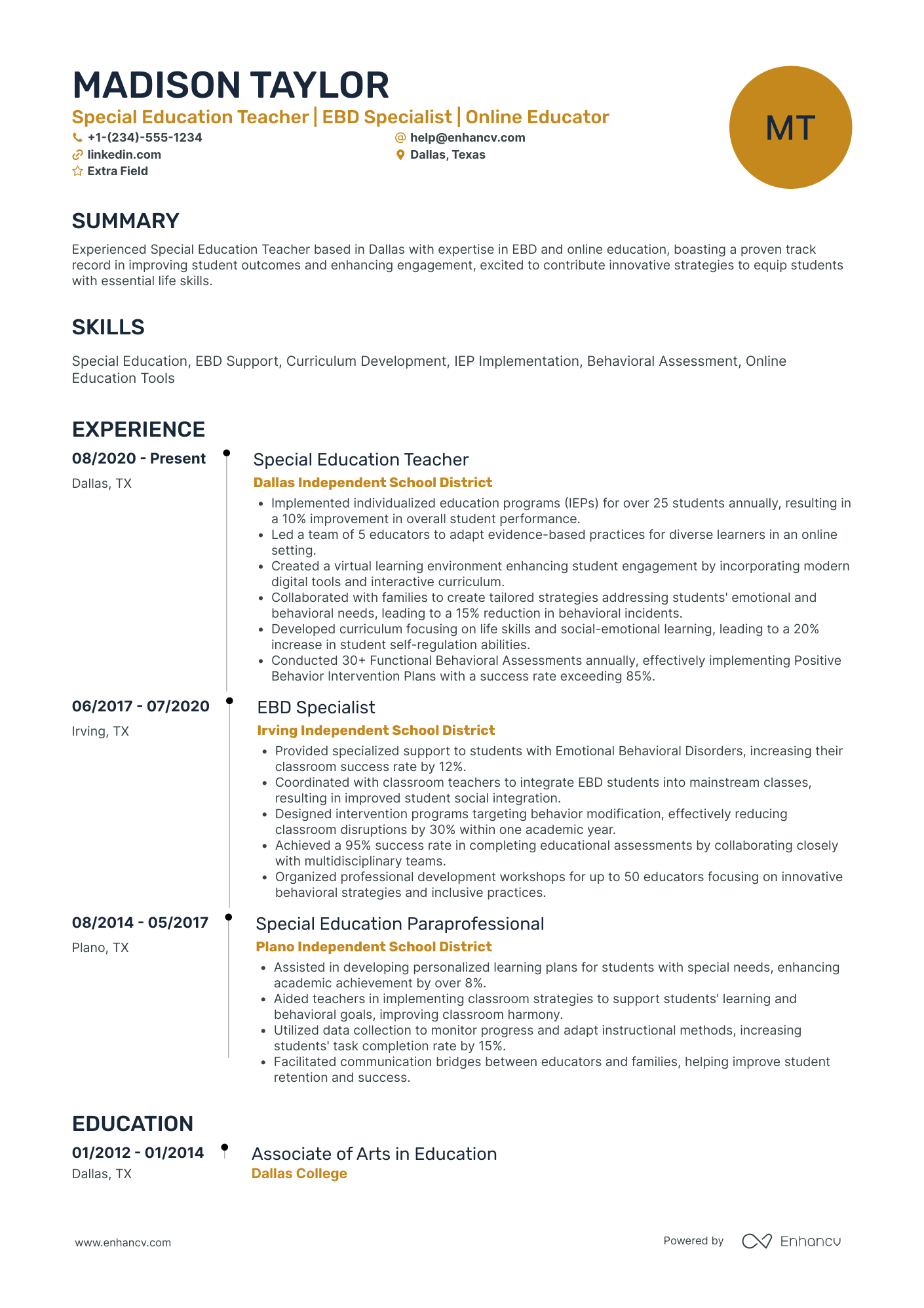 Online Special Education Teacher Resume Example