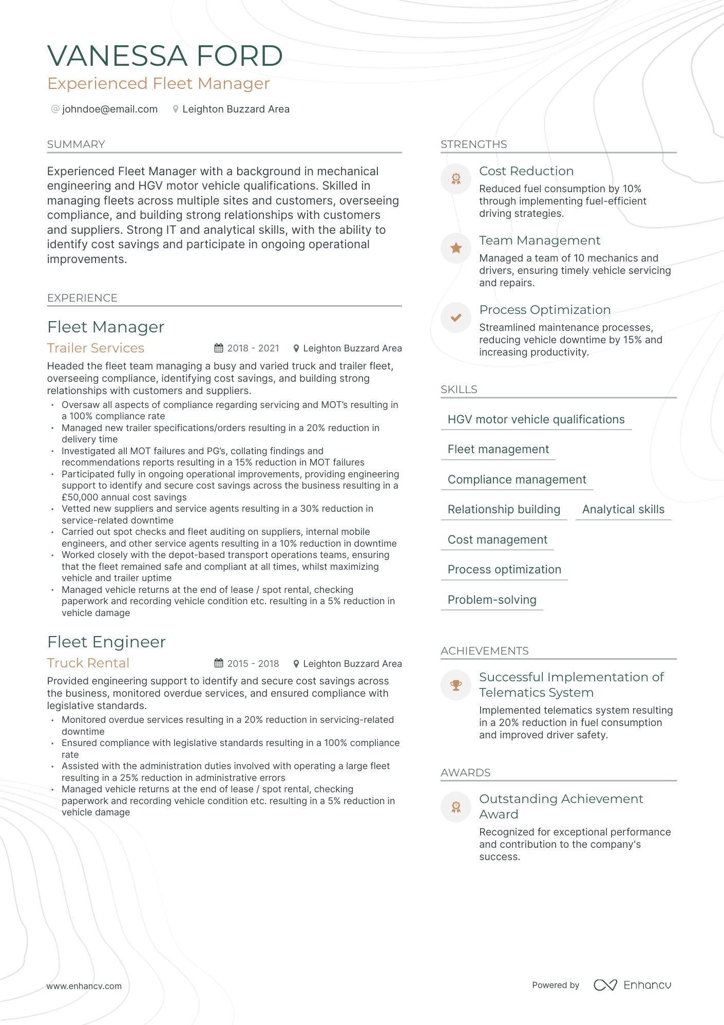 Fleet Manager Resume Example