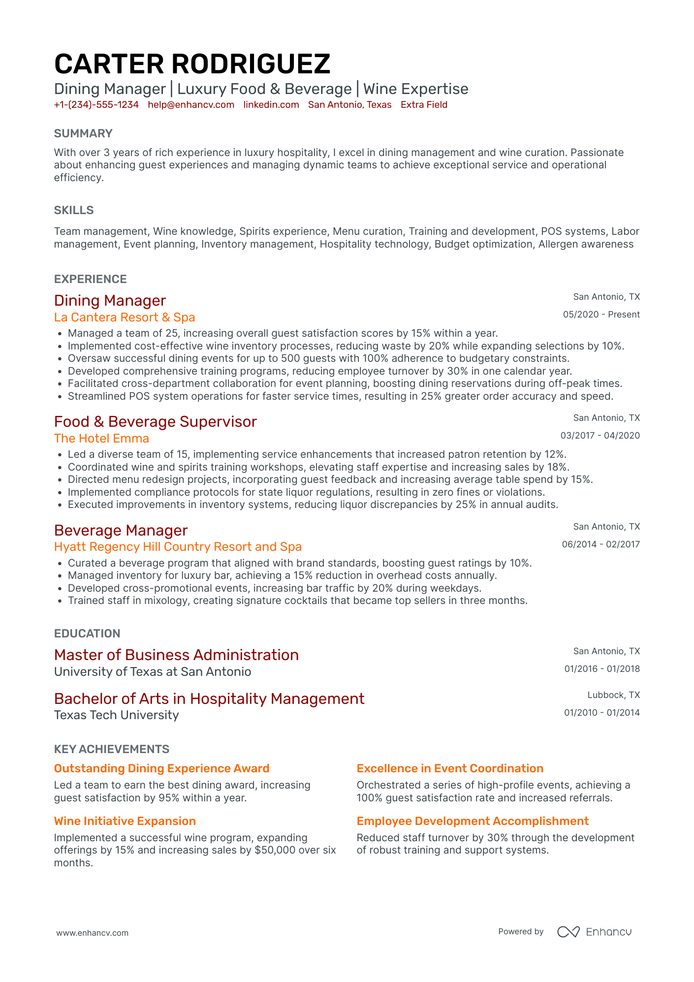 Fine Dining Restaurant Manager Resume Example