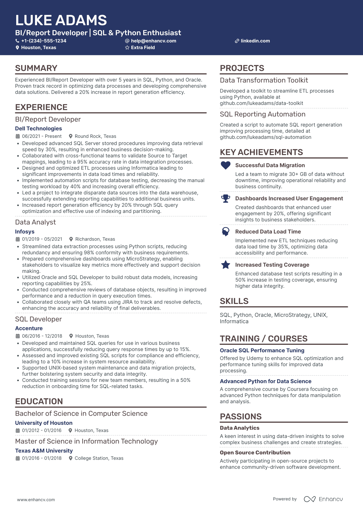 Power BI Report Writer Resume Example