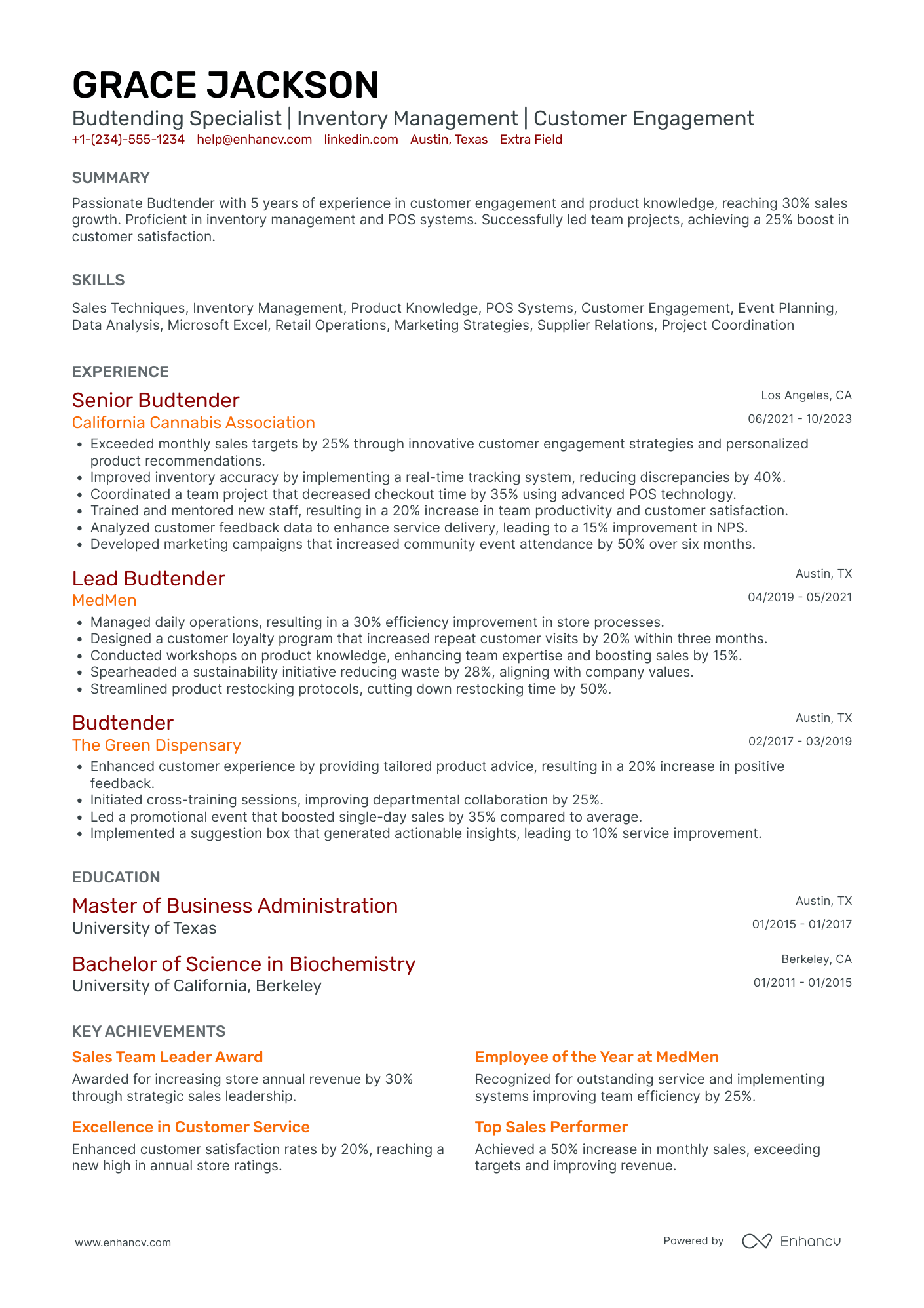 Seasonal Budtender Resume Example