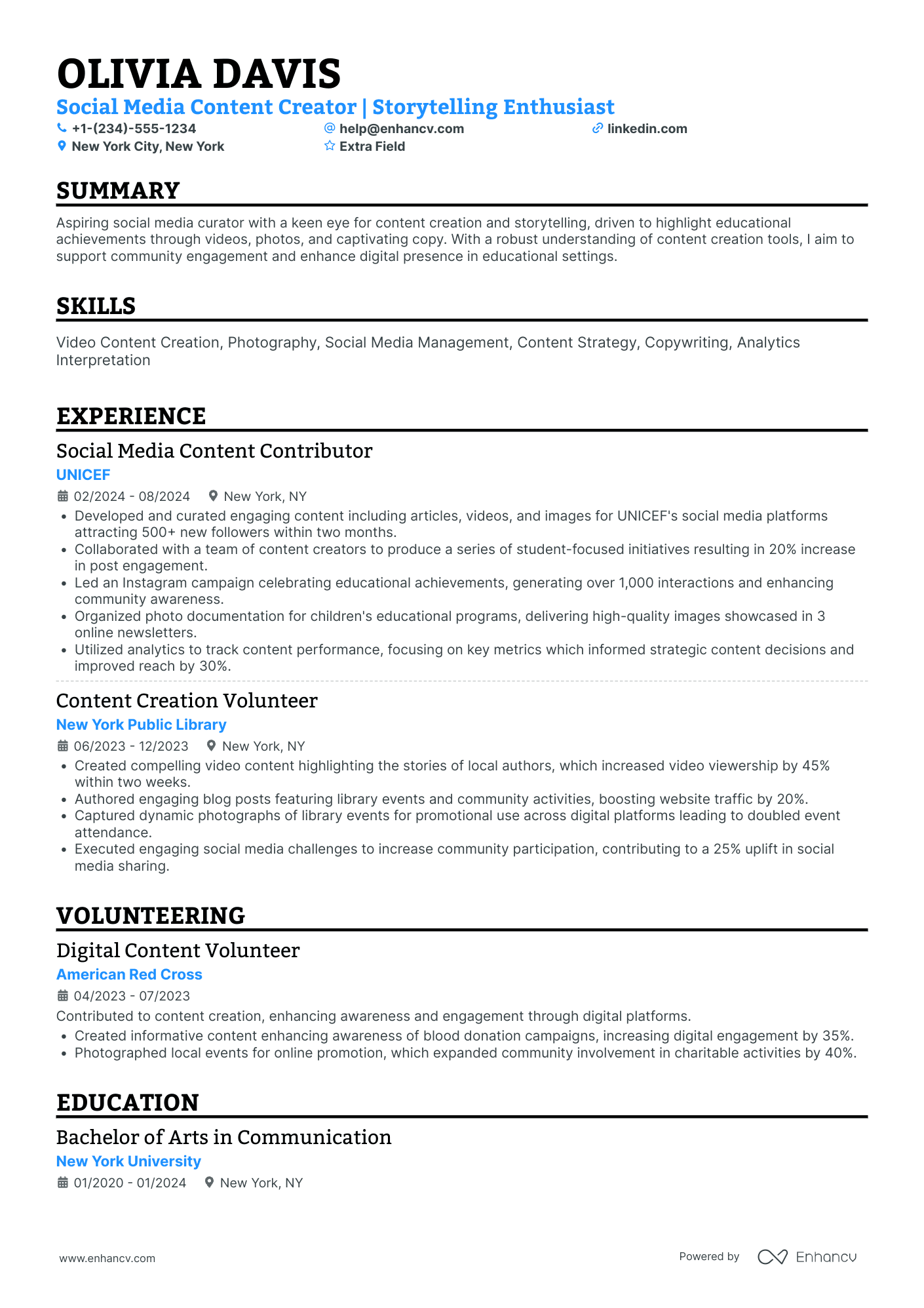 Social Media and PR Intern Resume Example