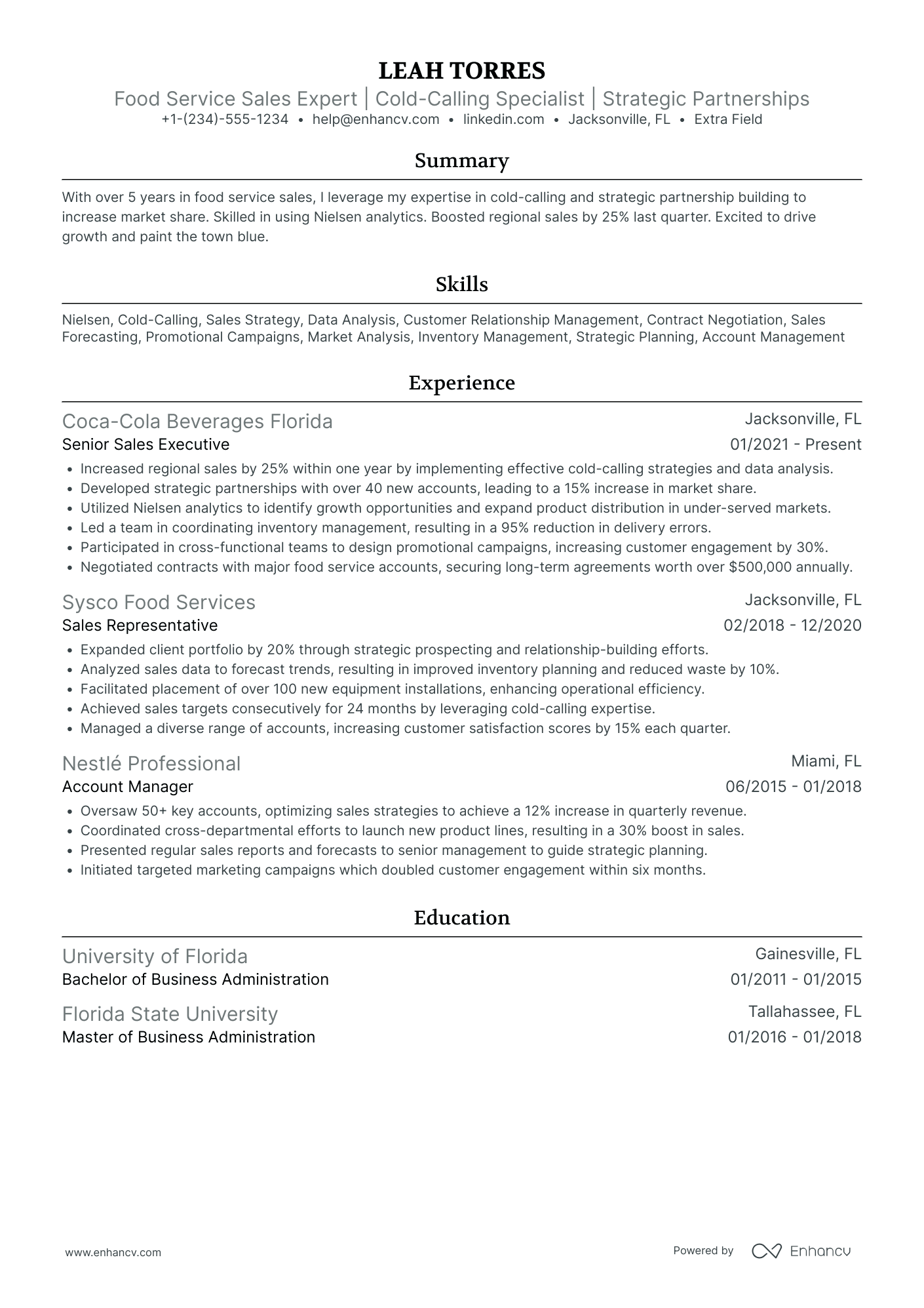 Food Service Sales Representative Resume Example