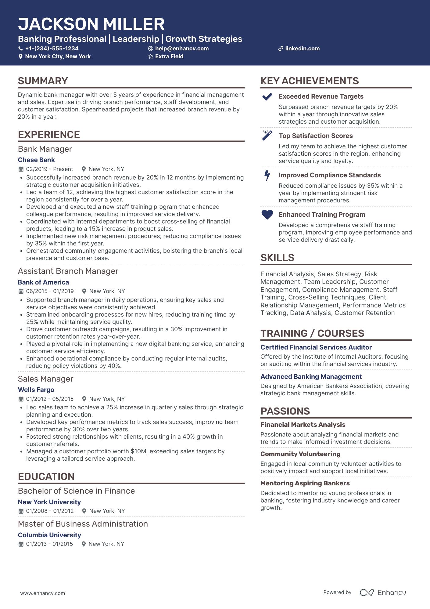 Senior Bank Manager Resume Example