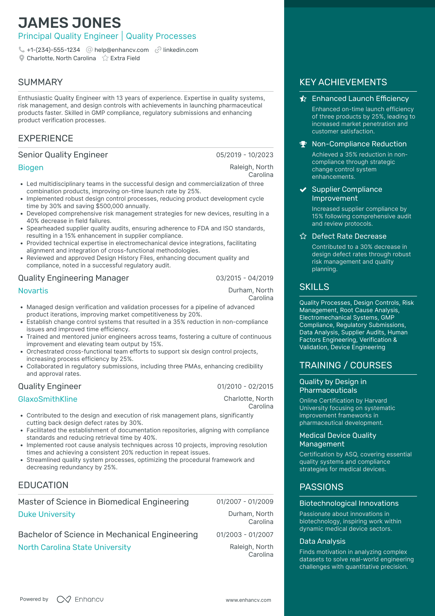 Principal Quality Engineer Resume Example