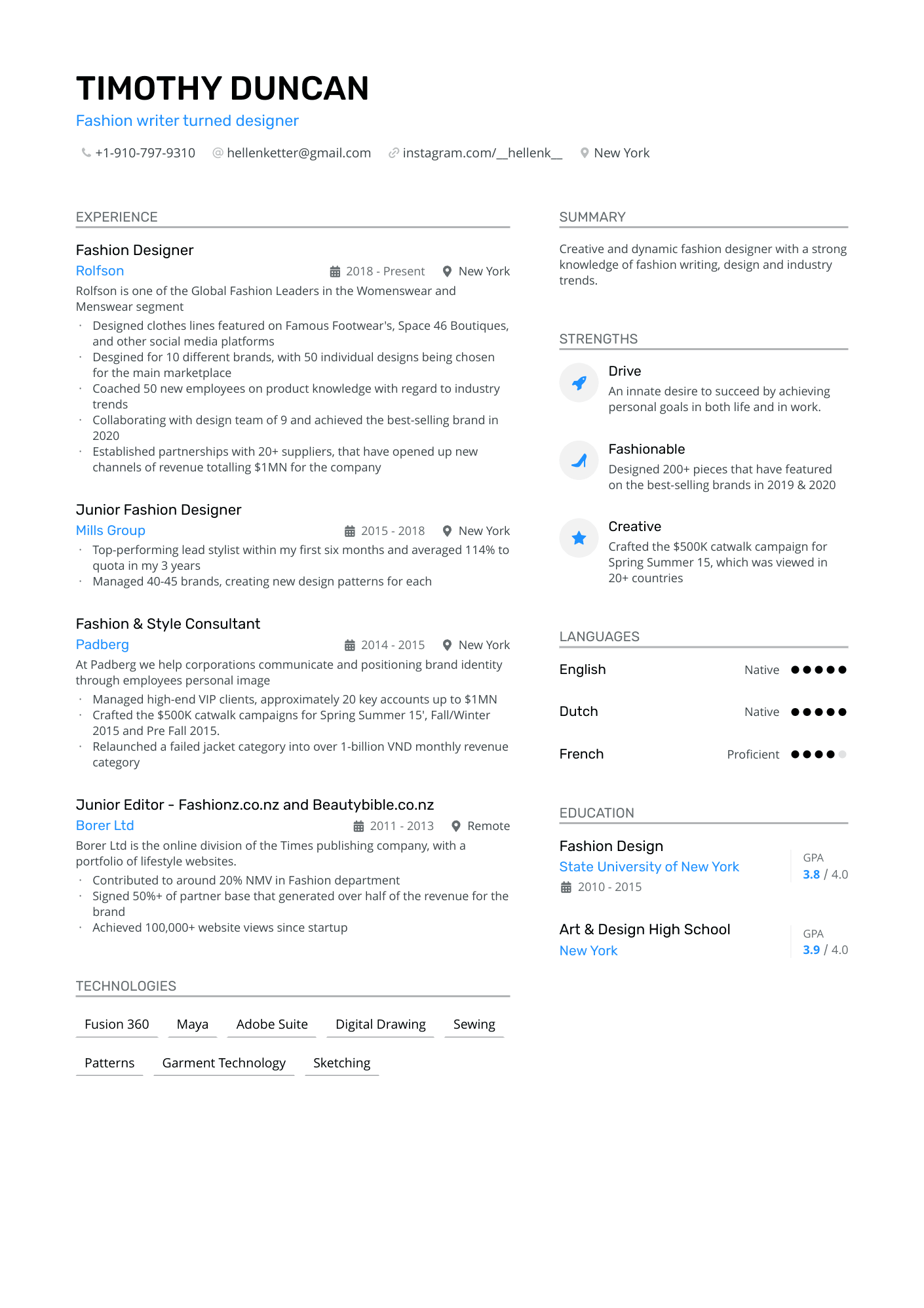 Fashion Designer Resume Example