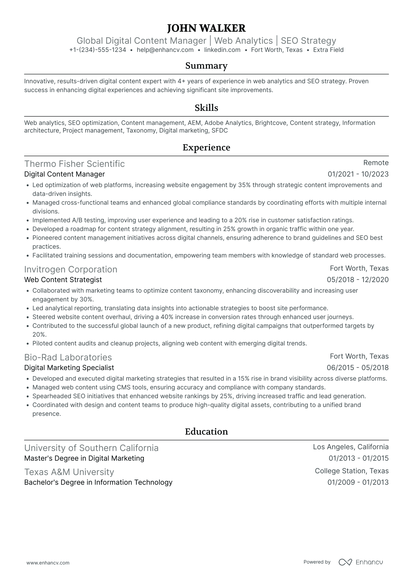 Digital Content Manager Resume Example