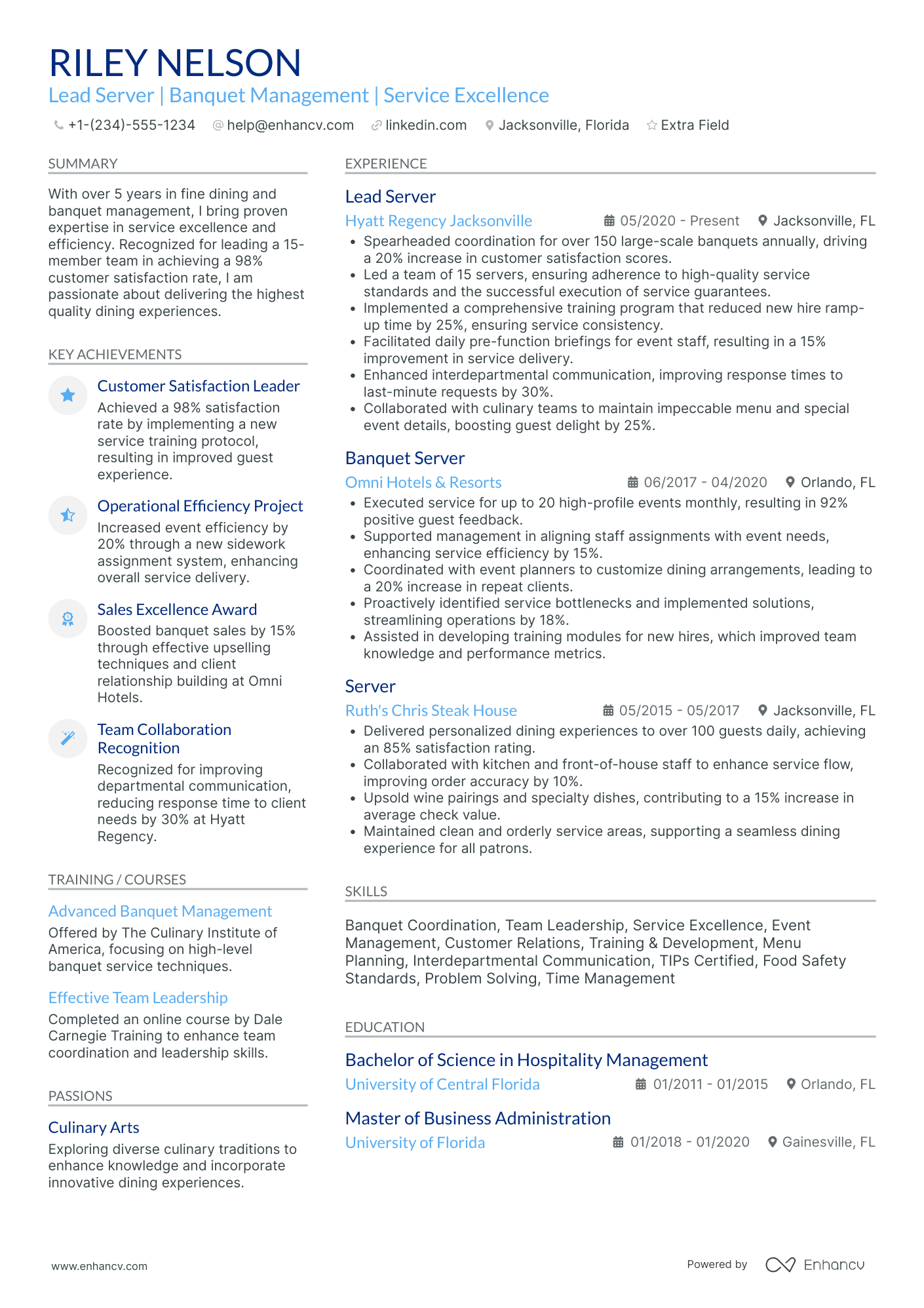 Lead Fine Dining Server Resume Example