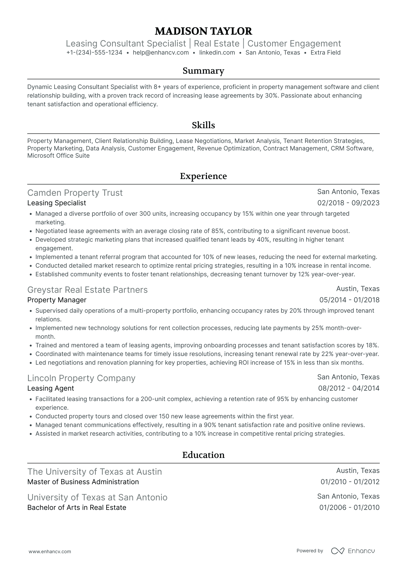 Leasing Consultant Specialist Resume Example