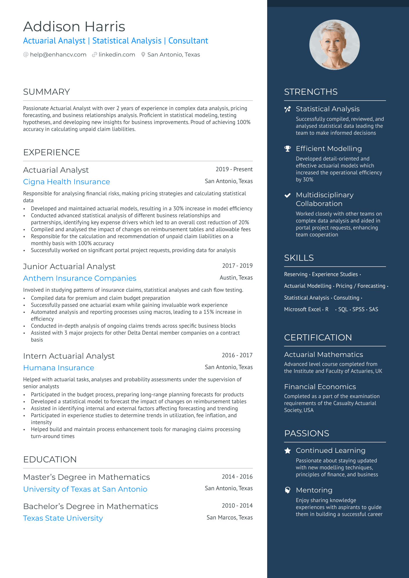 Experienced Actuary Resume Example