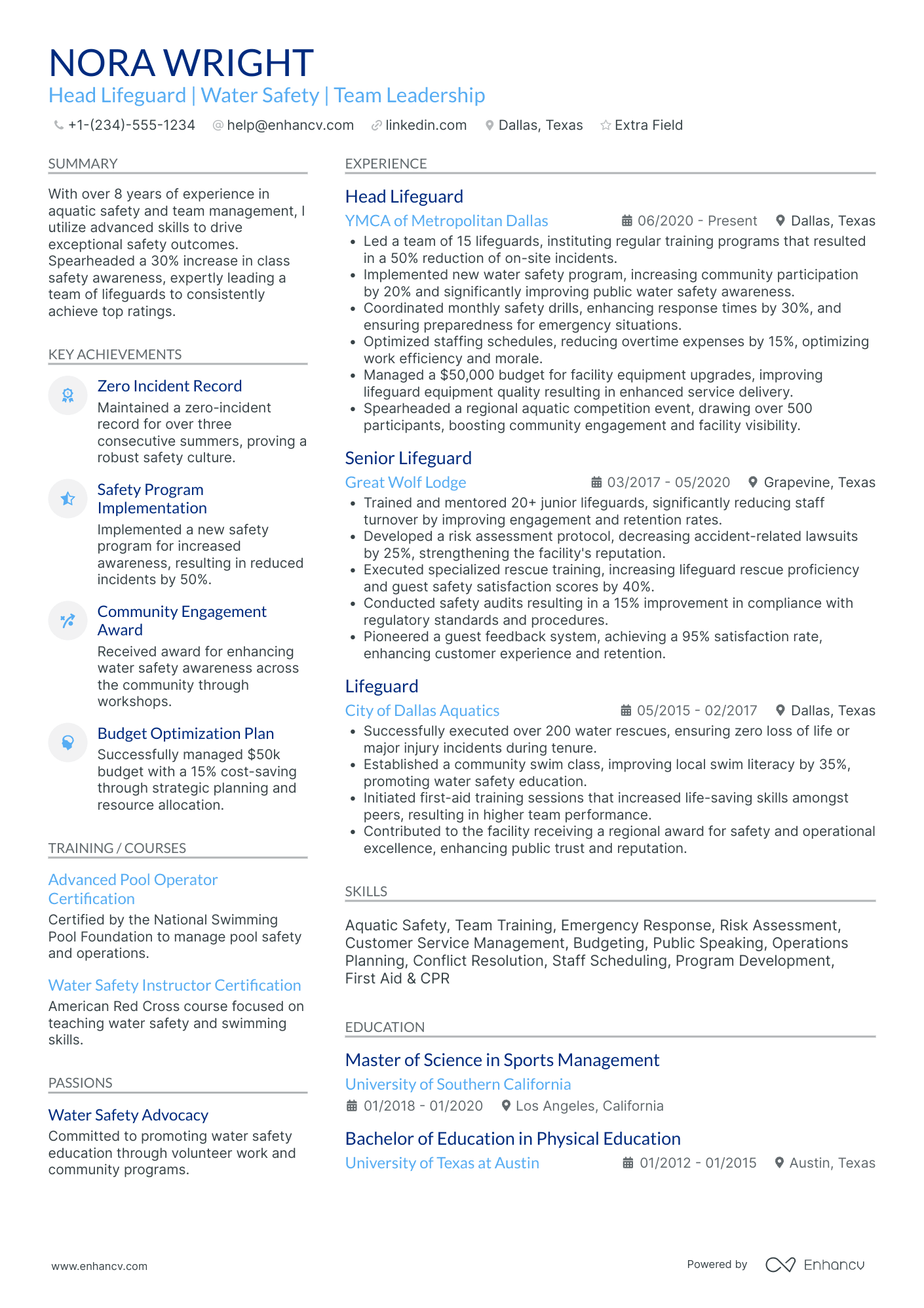 Head Lifeguard Resume Example