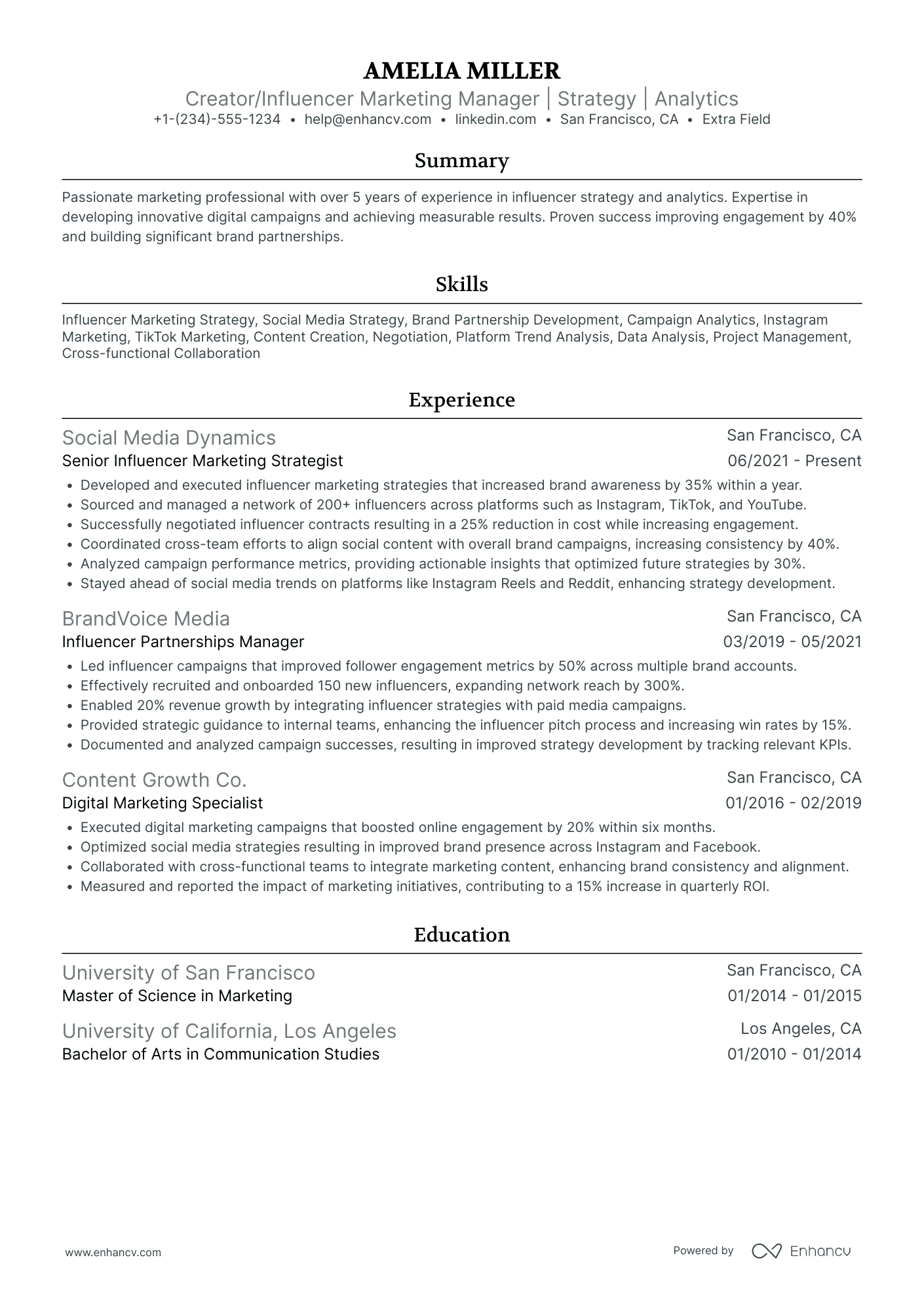 Social Media Marketing Content Creator Resume Example