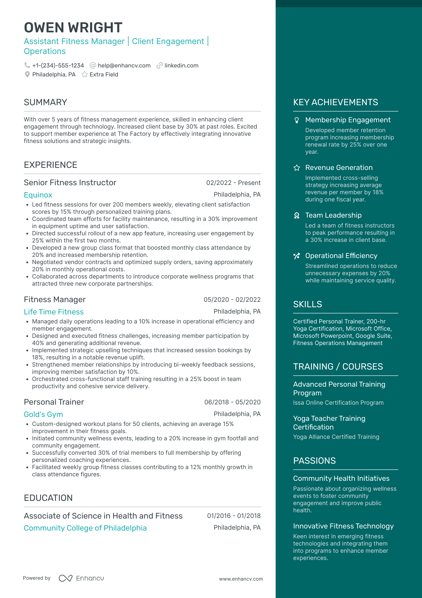 Assistant Fitness Manager Resume Example