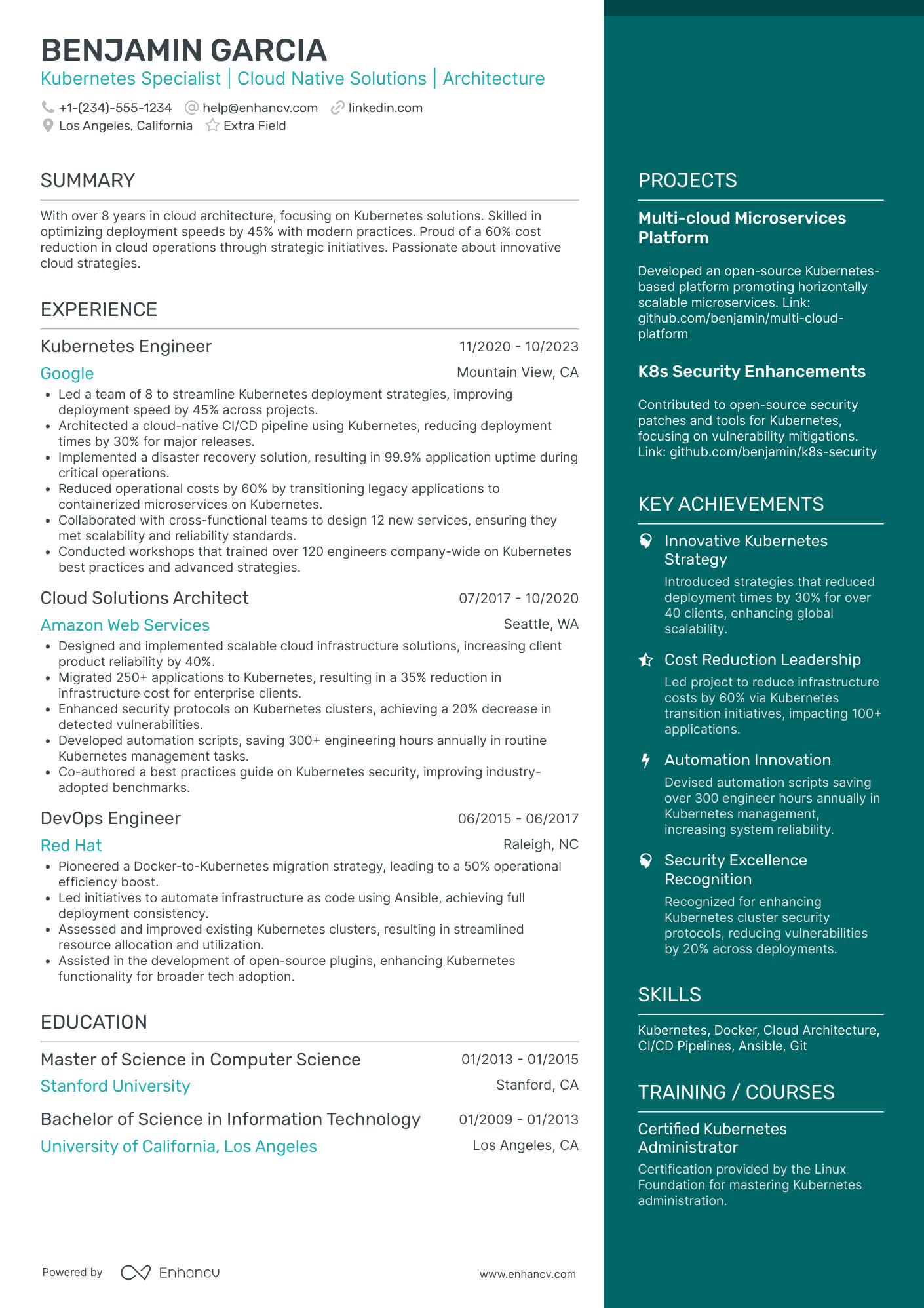 Kubernetes Specialist Resume Example