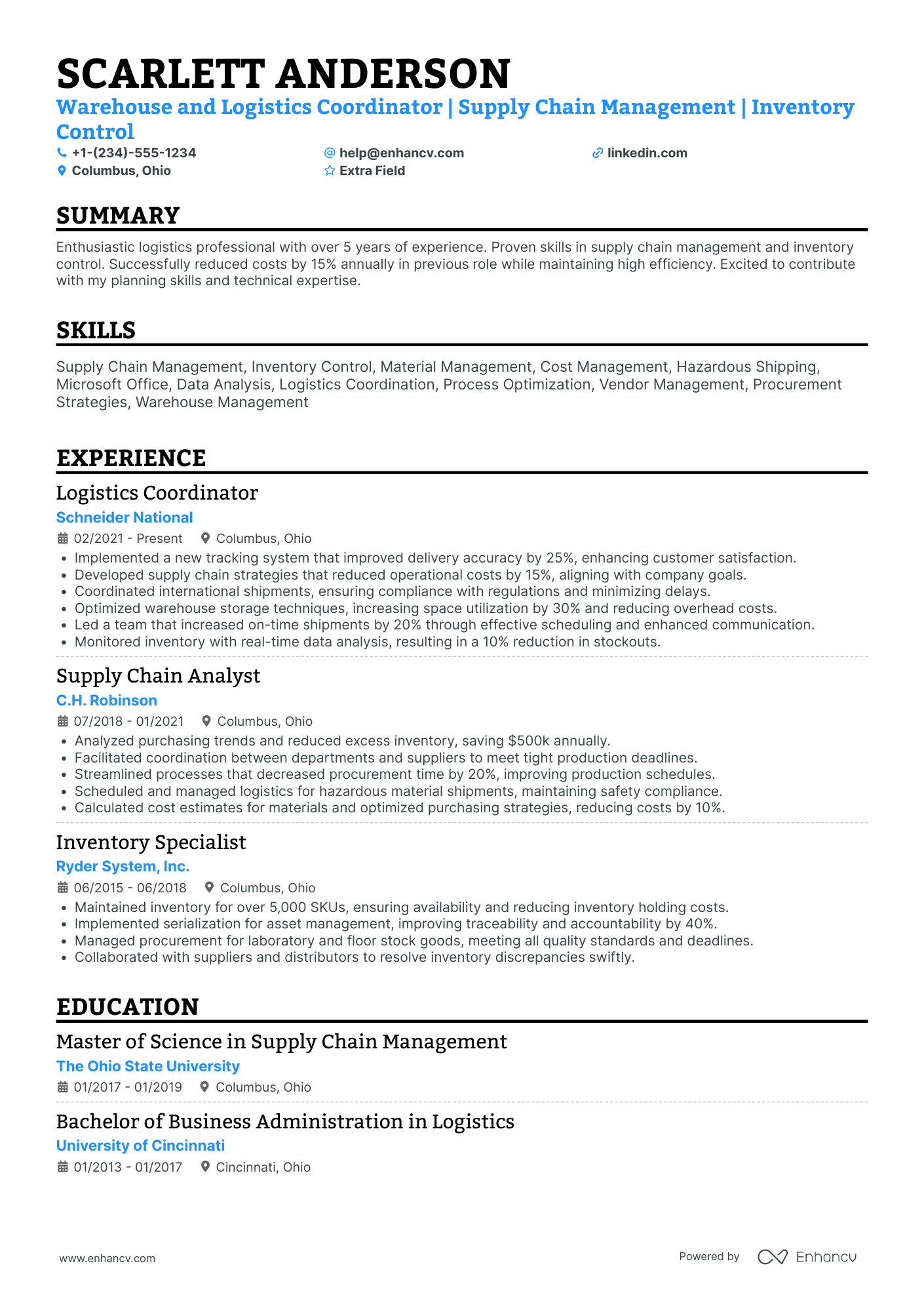 Warehouse Logistics Coordinator Resume Example