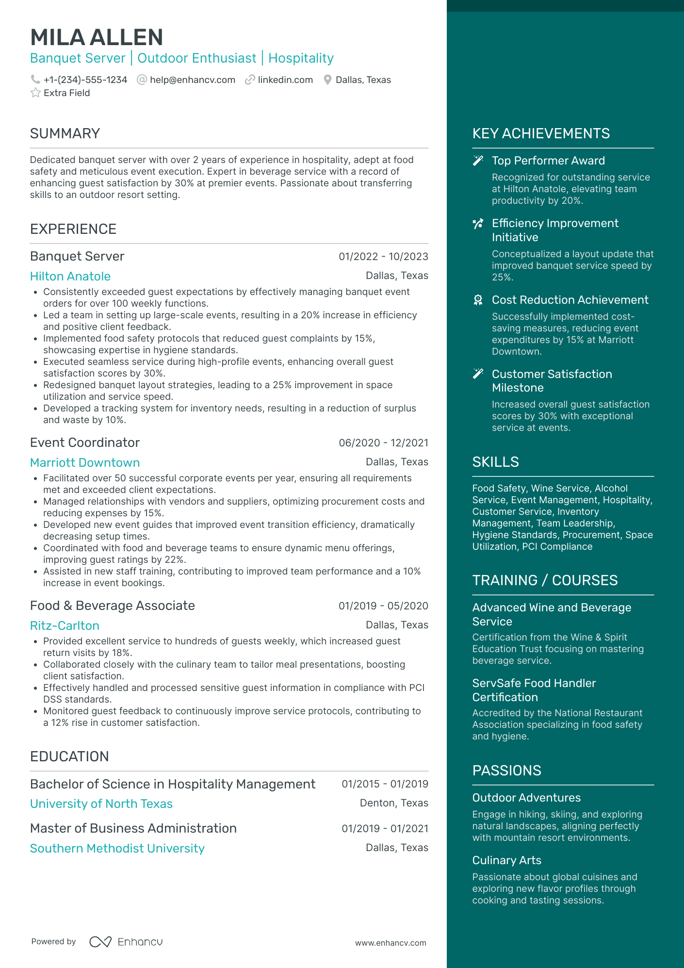 Senior Banquet Server Resume Example