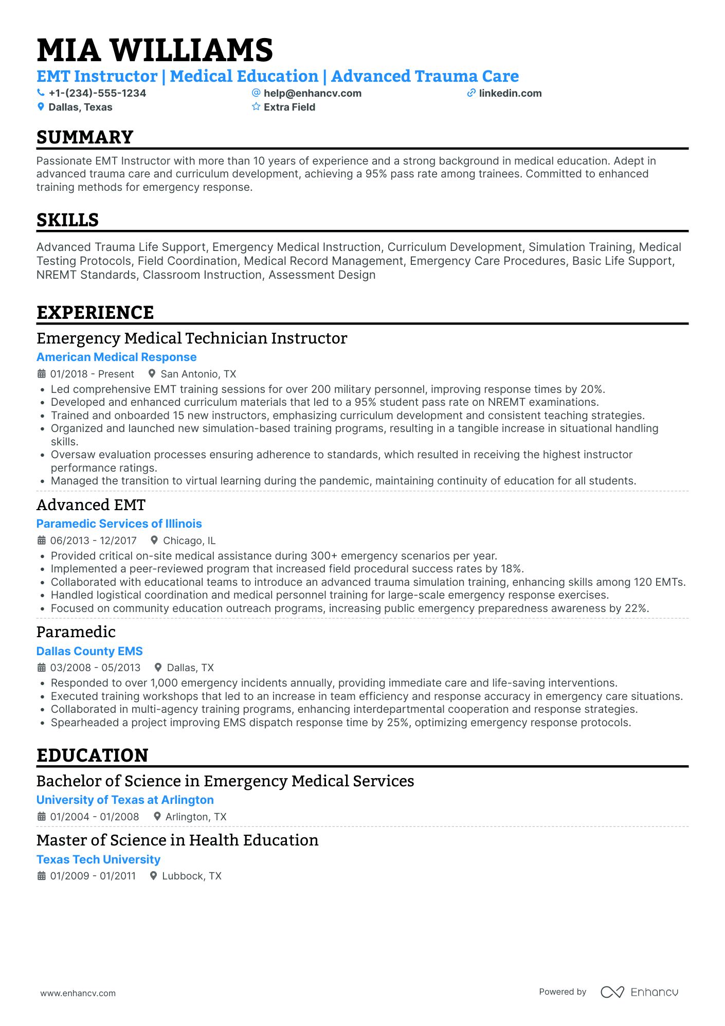 Emergency Medical Technician (EMT) Instructor Resume Example