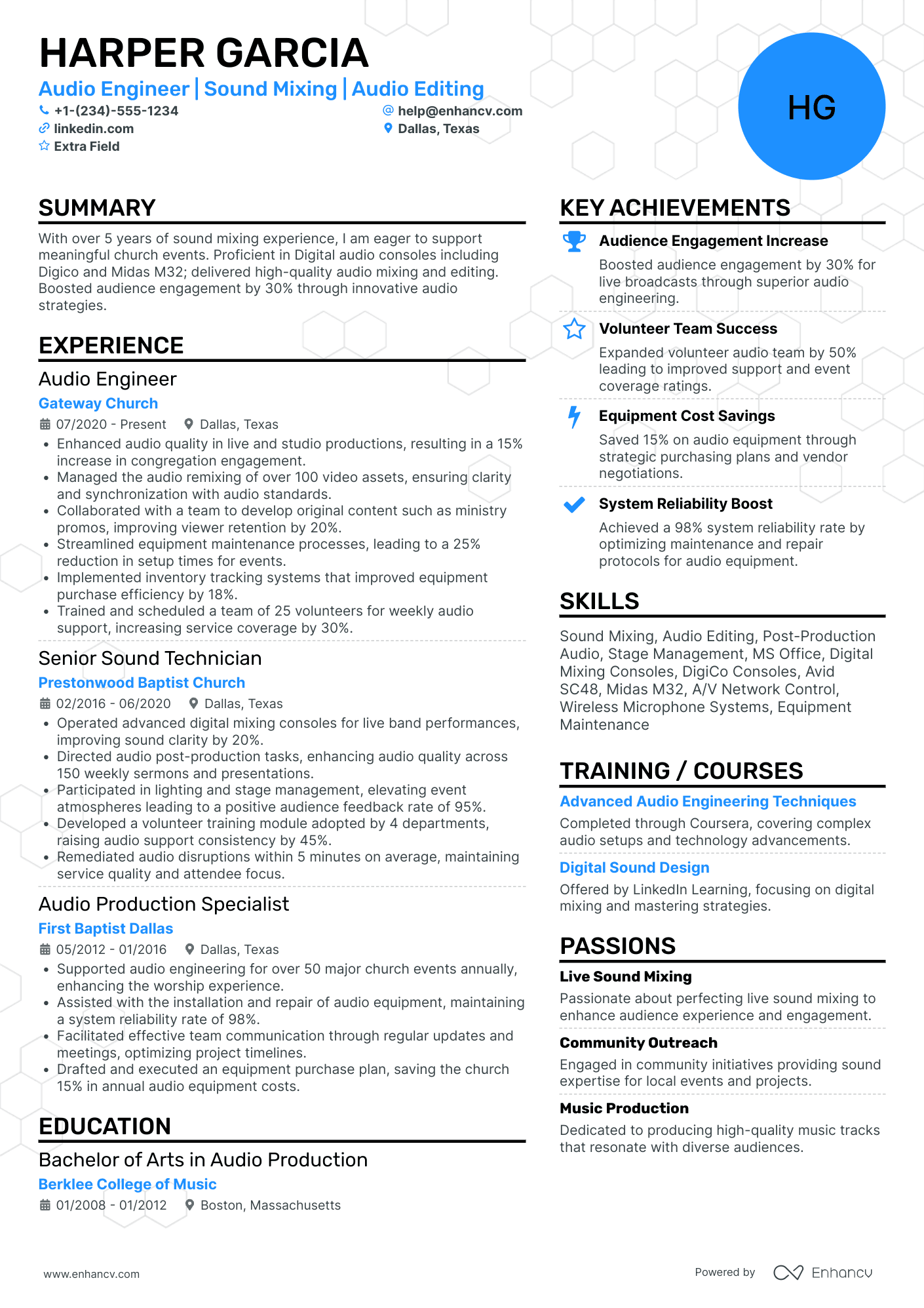 Live Sound Audio Engineer Resume Example