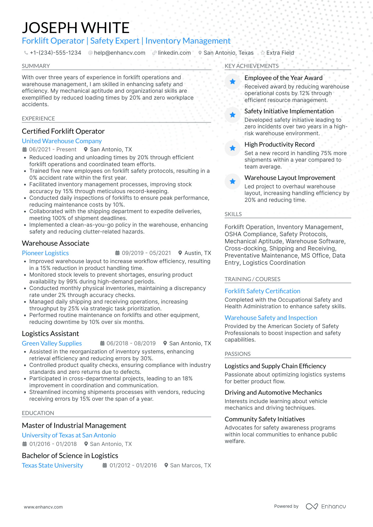 Forklift Operator Trainee Resume Example