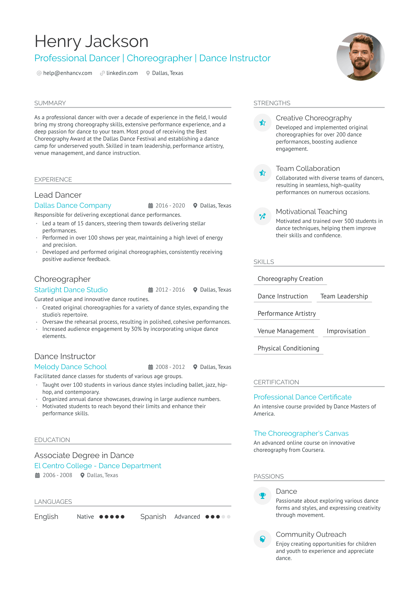 Dance Student Resume Example